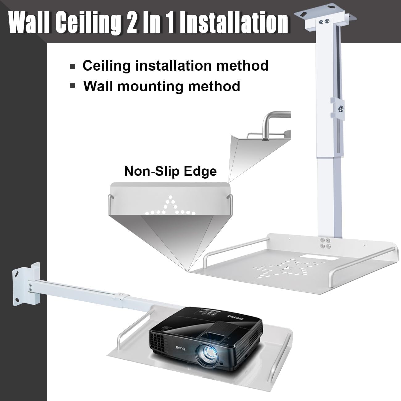 2-Be-Best Universal Adjustable Projector Ceiling Mount with Tray - 11.8IN to 20.5IN (30CM-52CM) Height Range - White - Perfect for Home Theater, Classroom, and Office Projector Installation