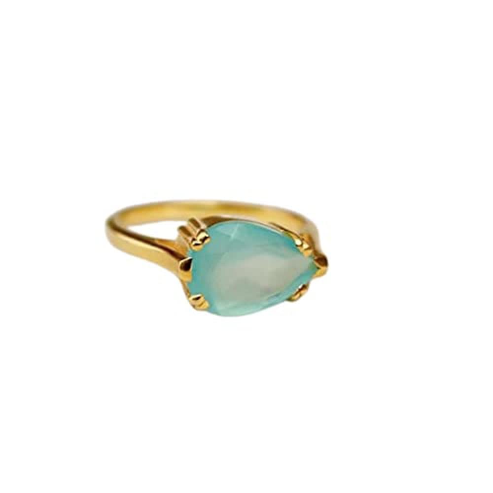 925 Sterling Silver Pear Aqua Chalcedony Ring - Boho Chic Gold Plated Dainty Stackable Gemstone Ring for Women | Perfect for Everyday Wear, Proposal Gift & Layering Jewelry