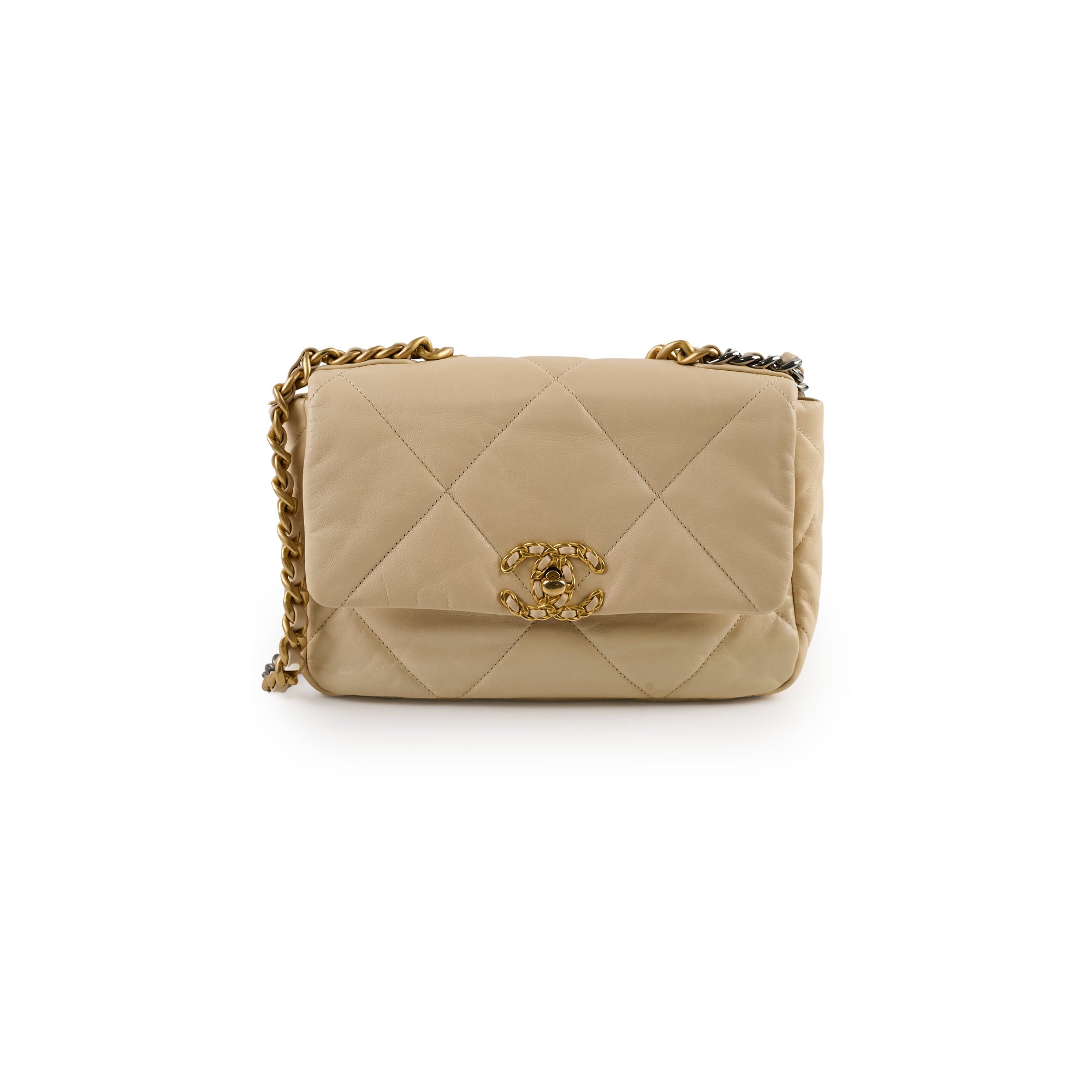 Chanel 19 Small Beige Leather Flap Bag - Classic Quilted Shoulder Bag with Chain Strap | Perfect for Work, Date Night & Luxury Fashion Accessories
