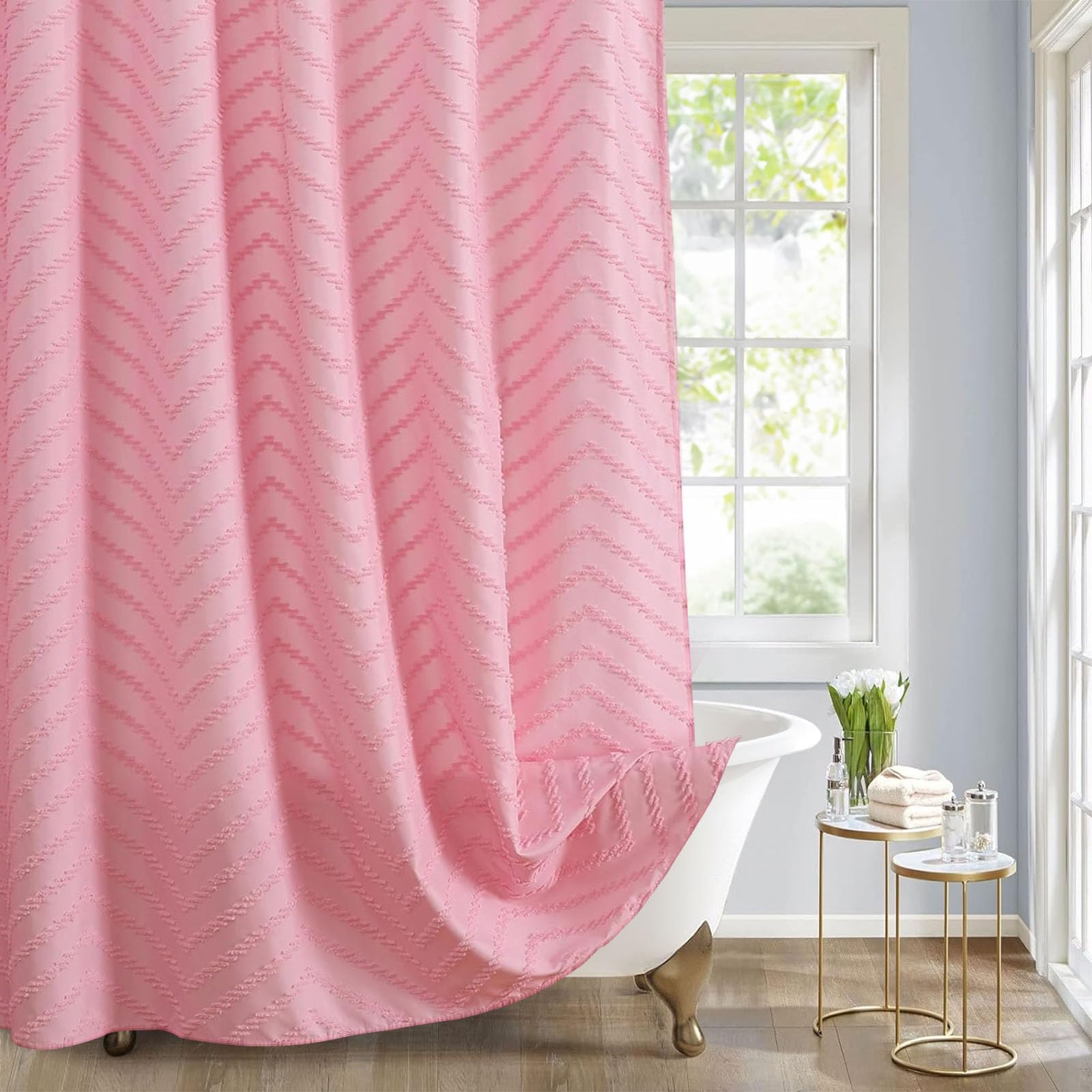 Pink Boho Shower Curtain - Tufted Chevron Textured Bathroom Decor, Modern Minimalist Striped Design, 72x72 Inches - Perfect for Boho Chic, Farmhouse & Modern Bathrooms