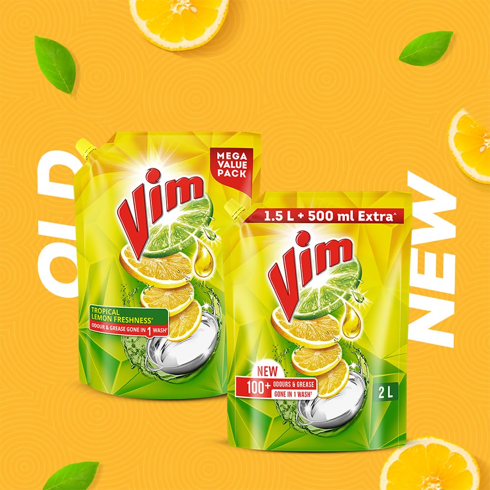 Vim Fresh Lemon Scent Dishwashing Liquid Gel 2L Refill Pack | Residue-Free Grease Cleaner for Kitchen Utensils | Super Saver Offer | Perfect for Daily Dishwashing and Tough Grease Removal