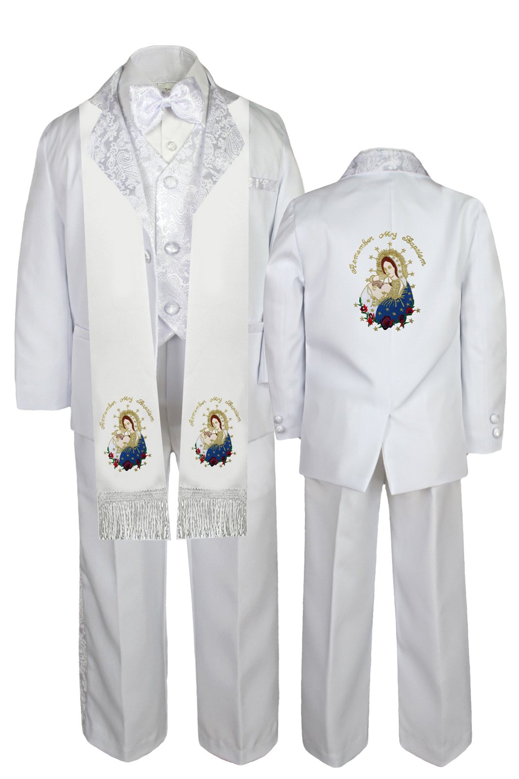 Baby Baptism White Tuxedo with Virgin Mary Embroidery - Pope Stole for Toddlers SM-7 | First Communion & Christening Outfit