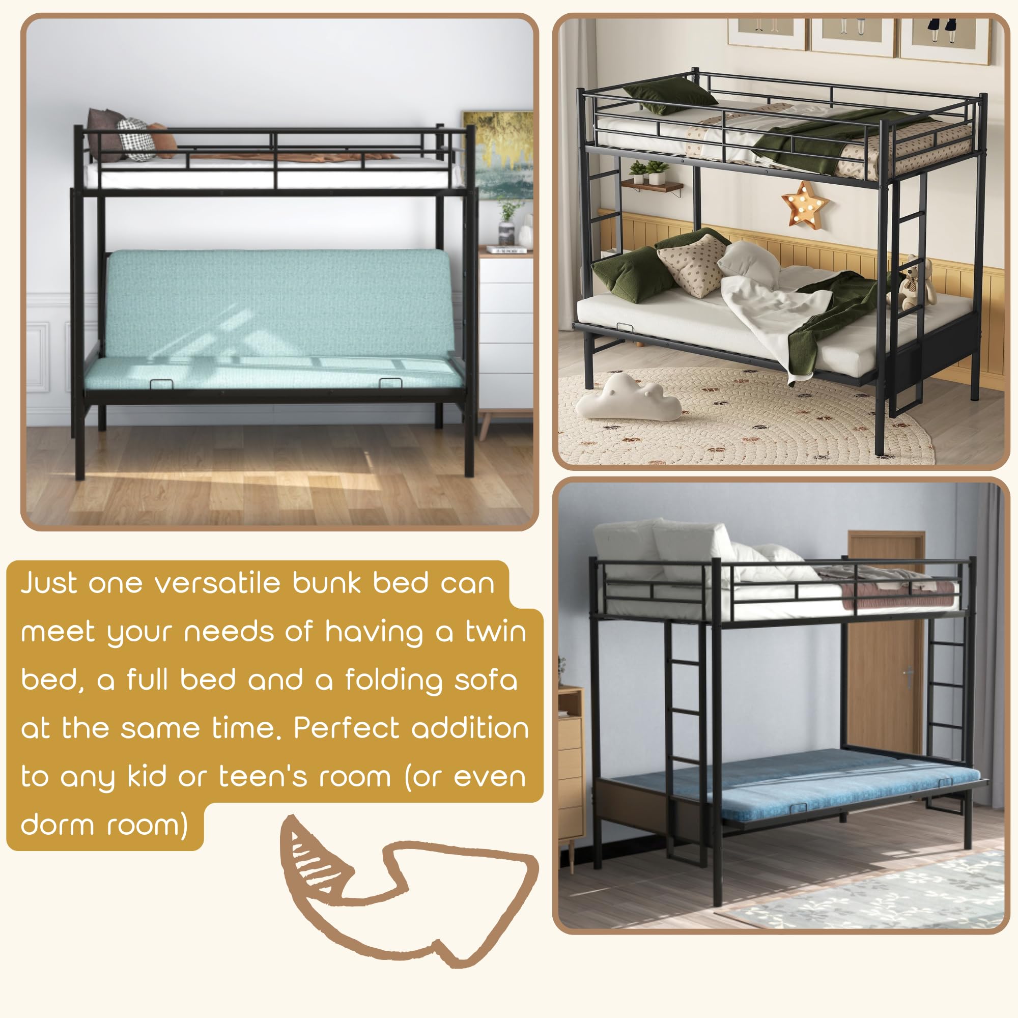 Convertible Twin Over Full Bunk Bed with Sturdy Steel Frame - Metal Bunk Bed & Sofa for Kids, Teens & Adults - Space-Saving Black Bed Frame with Safety Guard Rail & Ladder - Perfect for Small Bedrooms, Guest Rooms & Dormitories