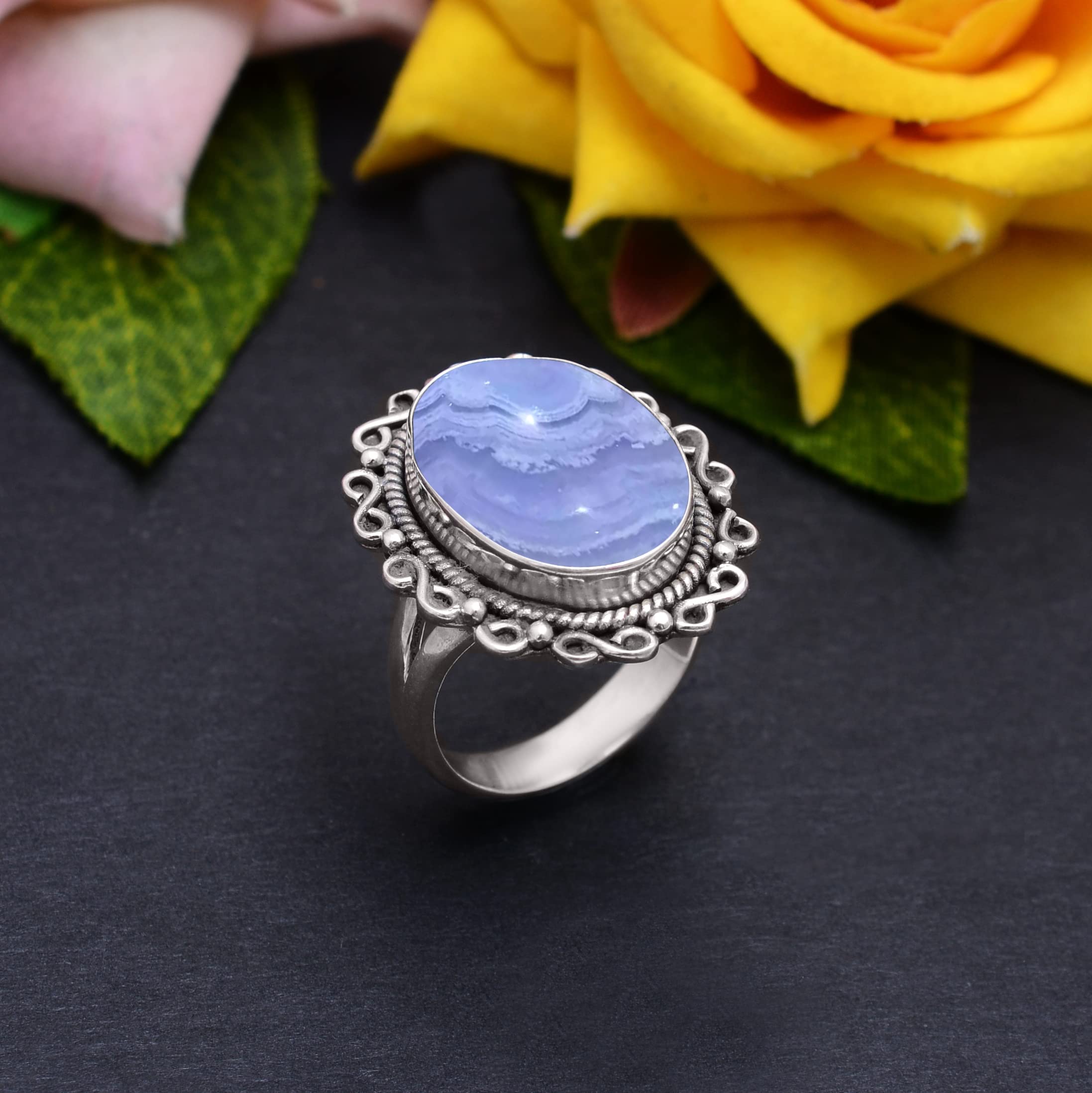 Veracity Jewelry Blue Lace Agate Ring for Women - 925 Sterling Silver Healing Meditation Ring with Natural Blue White Gemstone - Elegant Designer Jewelry Gift for Mom, Wife, Birthday & Special Occasions
