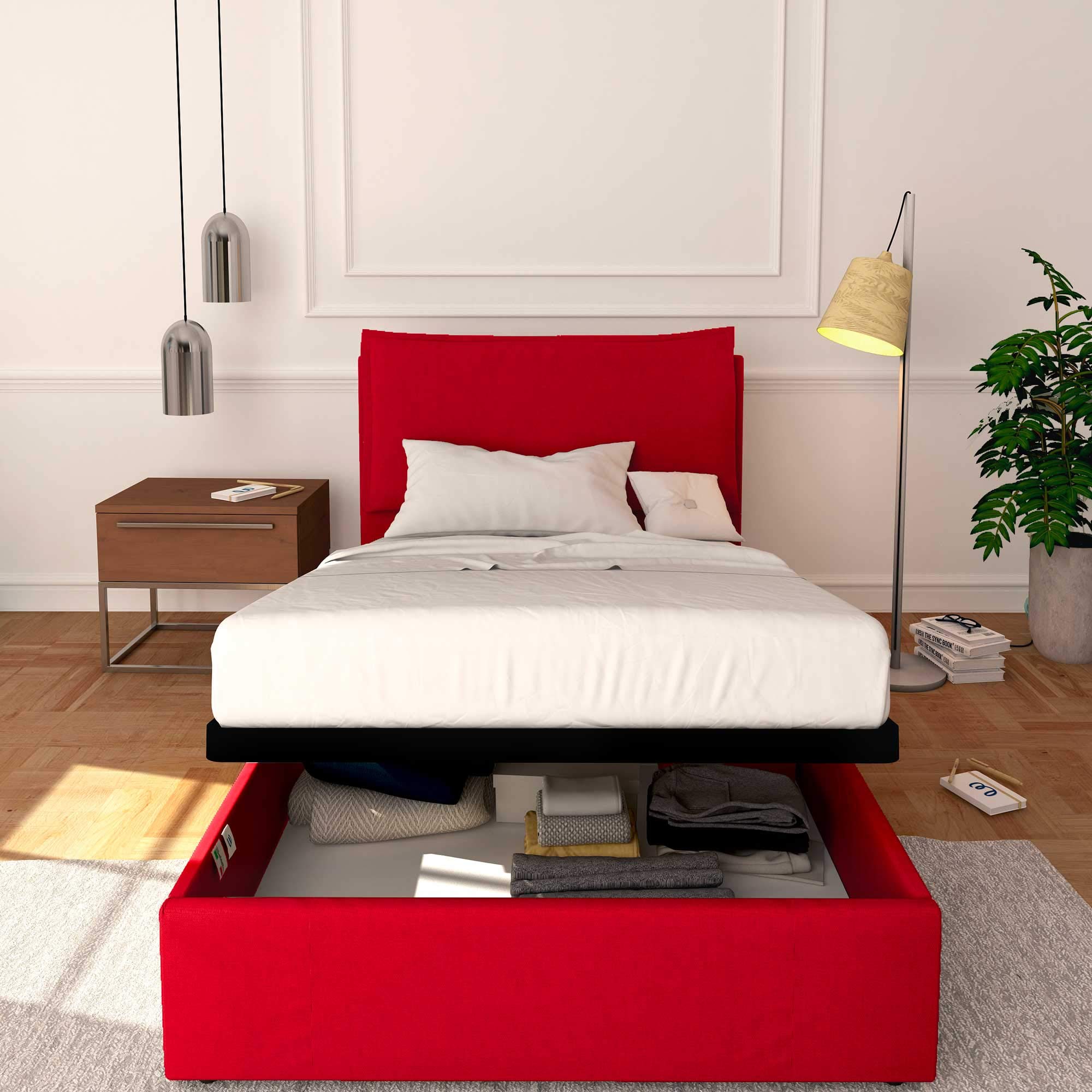 Baldiflex Square and Half Bed with Storage - Licia Model Synthetic Leather Upholstery, Slatted Base for Square and Half Mattresses, 120 x 190 cm, Finely Padded Headboard, Red - Perfect for Small Bedrooms, Guest Rooms & Modern Apartments