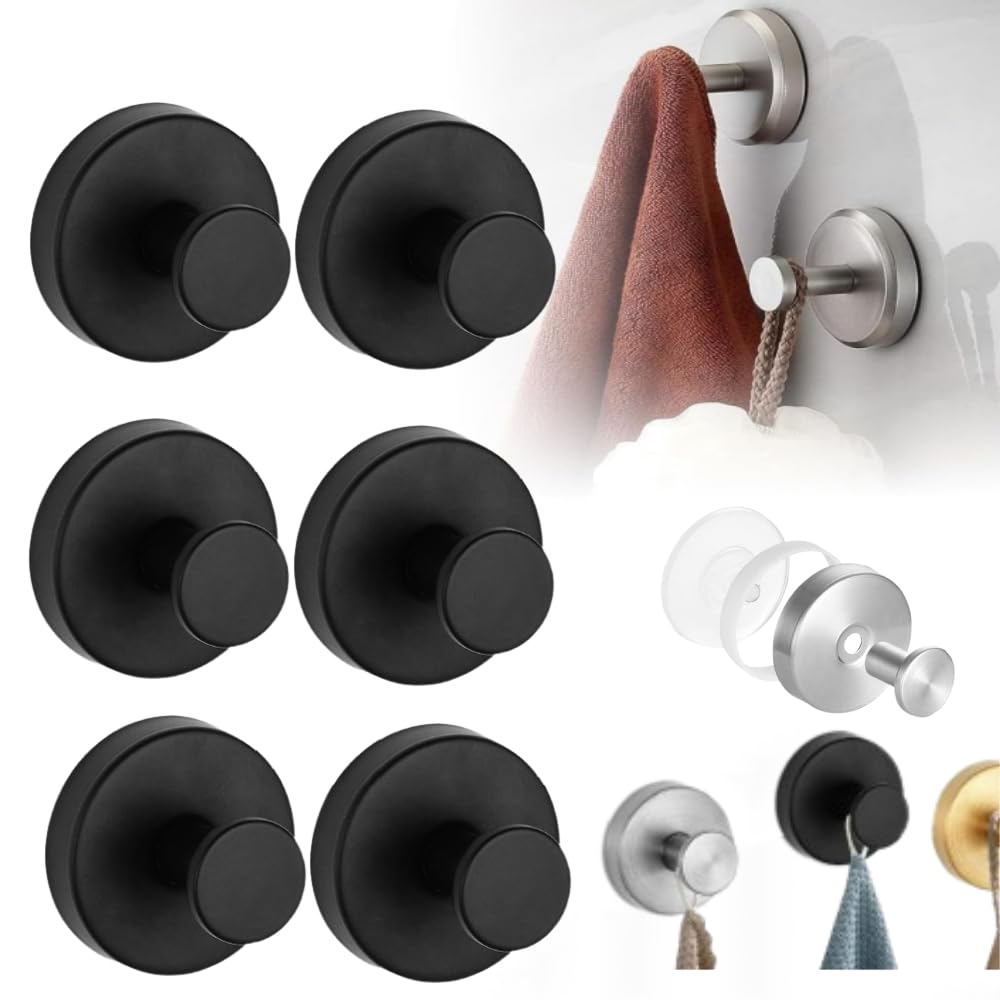 2024 Upgraded No-Drill Suction Cup Hooks - Heavy Duty Stainless Steel Shower Hooks for Towels, Bathroom, Kitchen - Strong Adhesive for Glass, Tile, Mirrors (6-Pack, Black) - Perfect for Home Organization & Space Saving