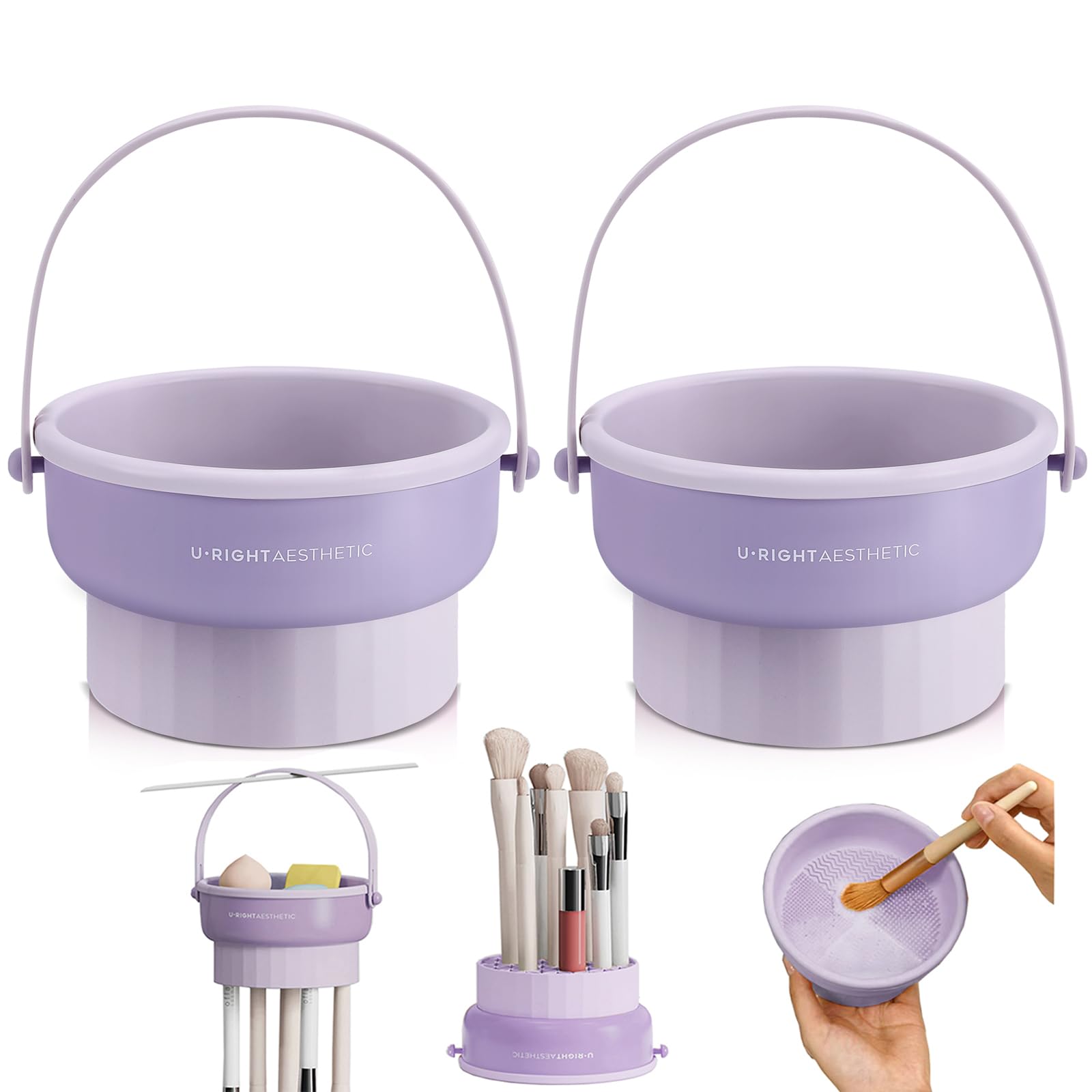 2 Pack Silicone Makeup Brush Cleaner Mat - 3-in-1 Cleaning Bowl & Sponge Scrubber Tool for Makeup Brushes, Storage & Upside Down Drying (Purple) - Perfect for Professional Makeup Artists & Home Beauty Routines