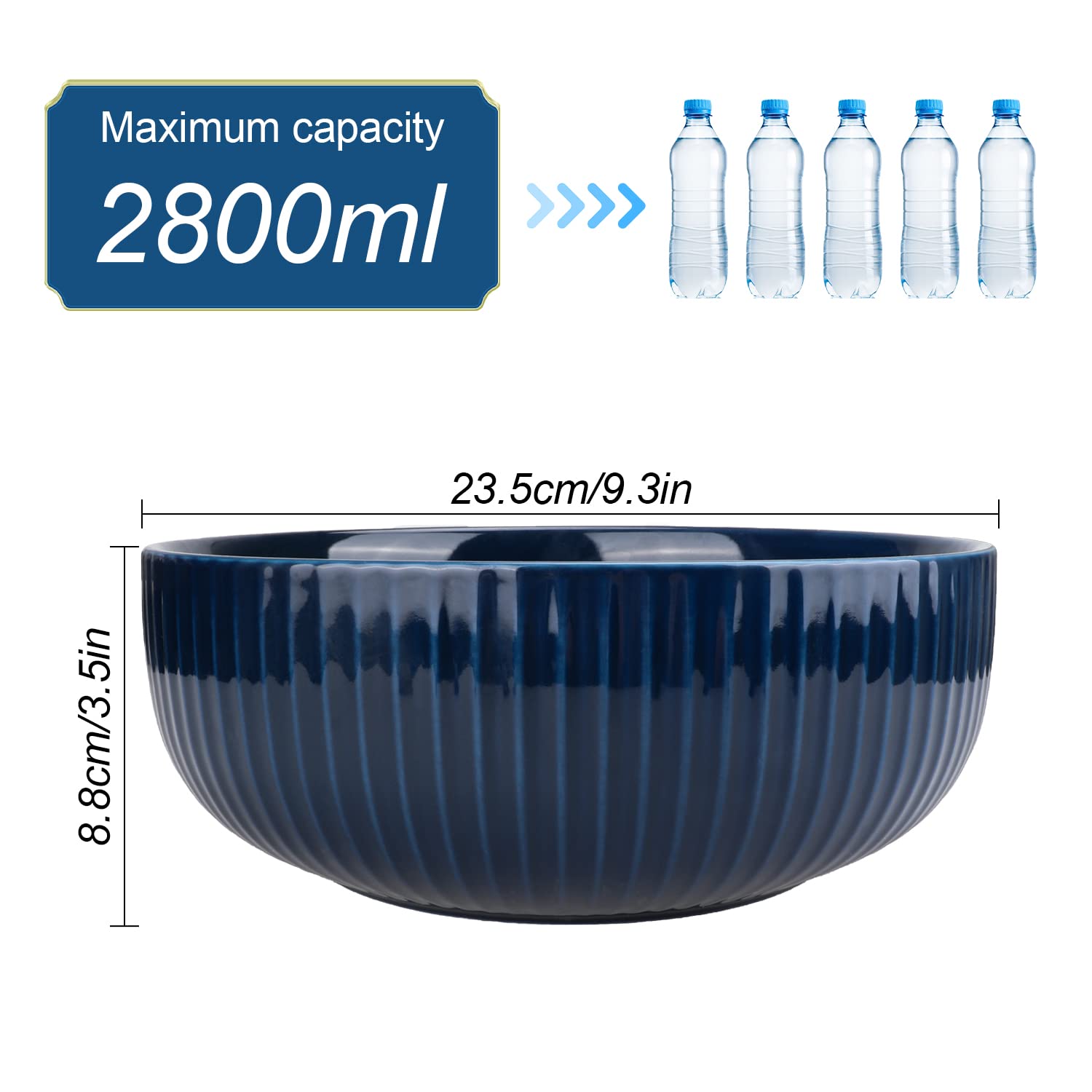 Extra Large 95oz Ceramic Salad Bowl - 2800ml Navy Blue Round Vertical Stripe Serving Bowl for Fruits, Noodles & Soup (23.5x8.8cm) | Perfect for Family Dinners, Party Serving & Kitchen Decor