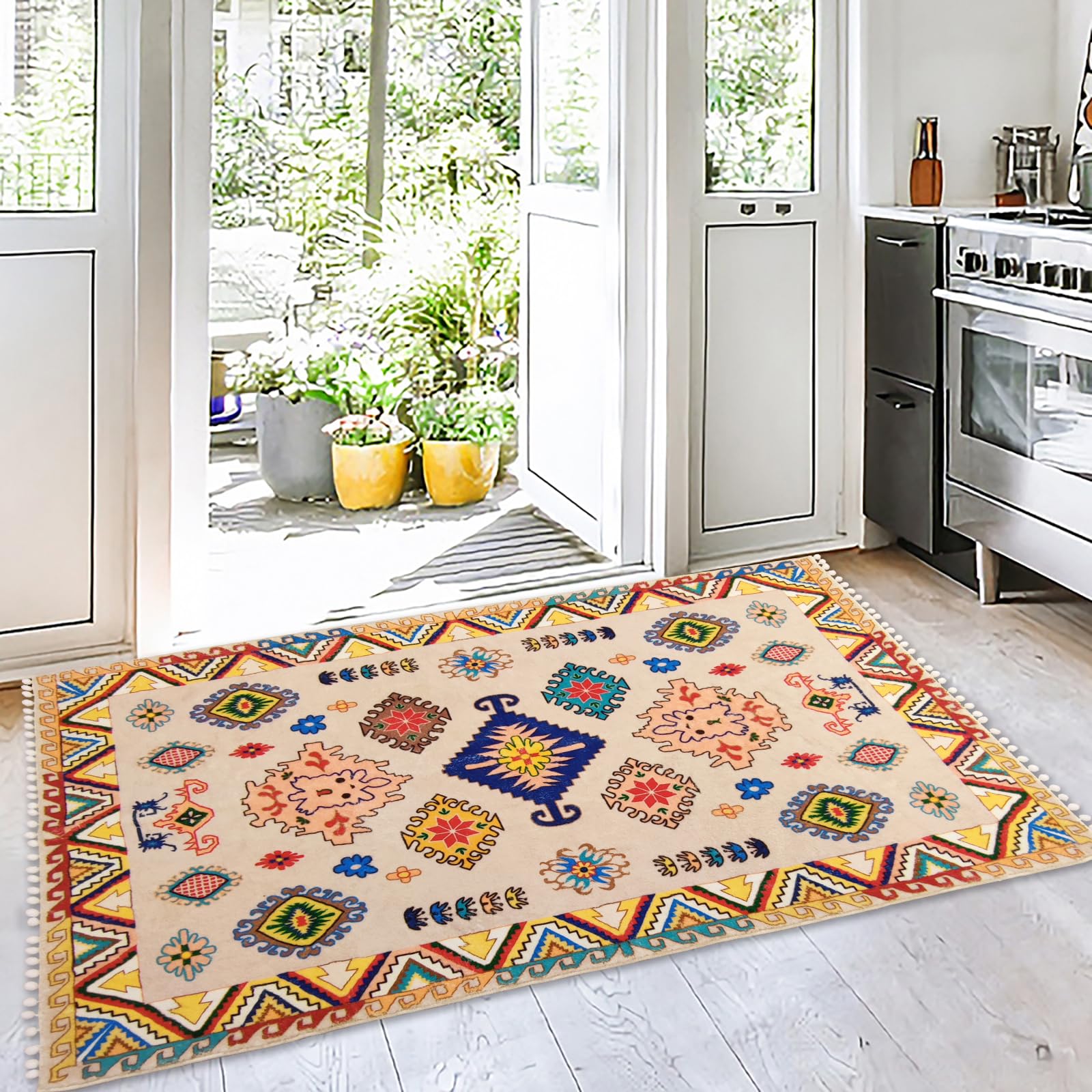5Ft Boho Kids Bedroom Rug - Colorful Soft Faux Wool Plush Carpet with Ball Tassels, Washable Floor Mat for Living Room, Bedside, Bathroom & Doormat Use - Yellow