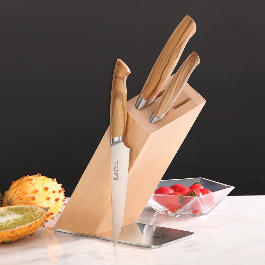 Cangshan OLIV Series 501677 4-Piece HUA Knife Block Set - Swedish 14C28N Forged Steel Knives with Maple Wood Stand - Perfect for Home Chefs & Professional Kitchens