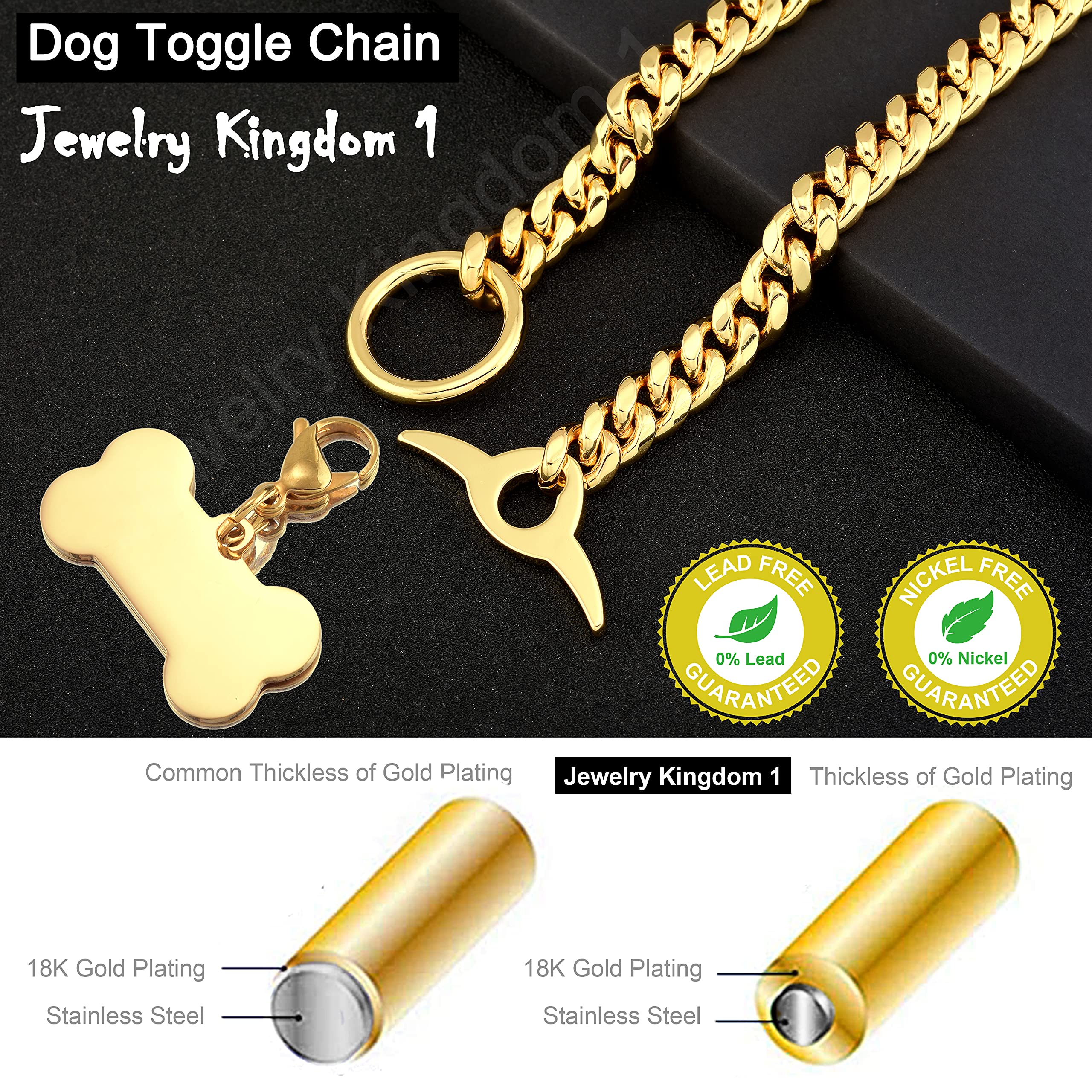 18K Gold Plated Cuban Link Dog Chain Collar - 10MM Heavy Duty Chew Proof Adjustable Training Collar with Toggle Clasp & Dog Tag for Medium Dogs (24 Inch) - Perfect for Walking, Training & Everyday Use