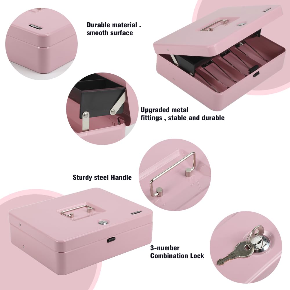 Metal Cash Box with Tray & Key Lock - Durable Money Safe with 4 Bill & 5 Coin Slots, Cantilever Design - Large Size (Pink, Top-Key) - Perfect for Retail Stores, Restaurants, and Home Savings Organization