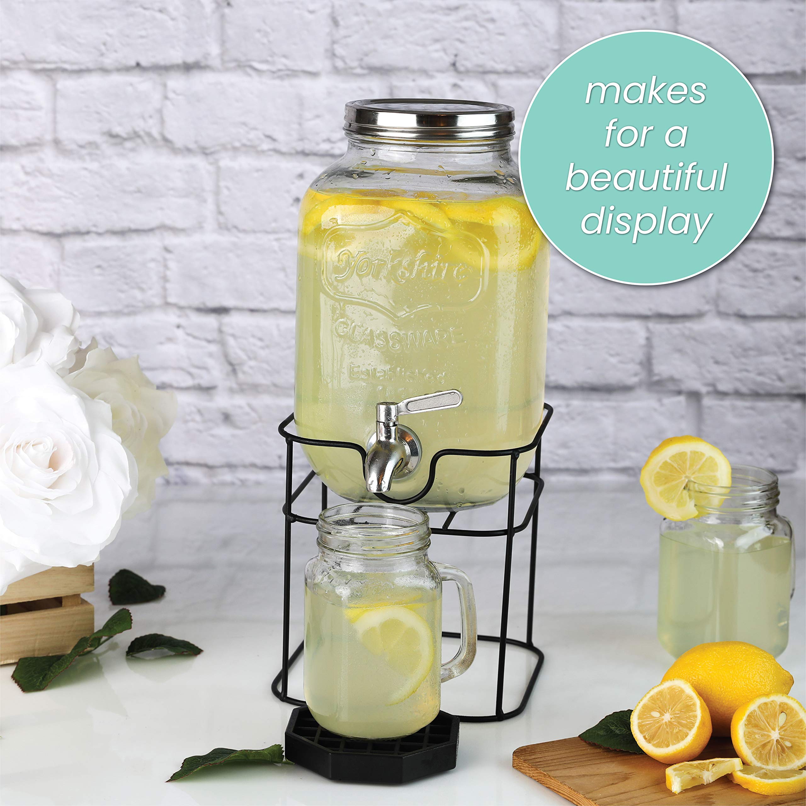 1 Gallon Glass Beverage Dispenser with Stainless Steel Spigot & Metal Stand - Large Mason Jar Drink Dispenser for Parties, Weddings, BBQs, Sun Tea, Iced Tea, Kombucha - Perfect for Outdoor Events, Catering & Home Entertaining