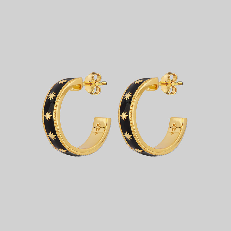 VYVIAN Tiny Stars Black Enamel Hoop Earrings - Gold Plated Dainty Jewelry for Women, Girls | Perfect for Everyday Wear, Date Night & Gift Giving