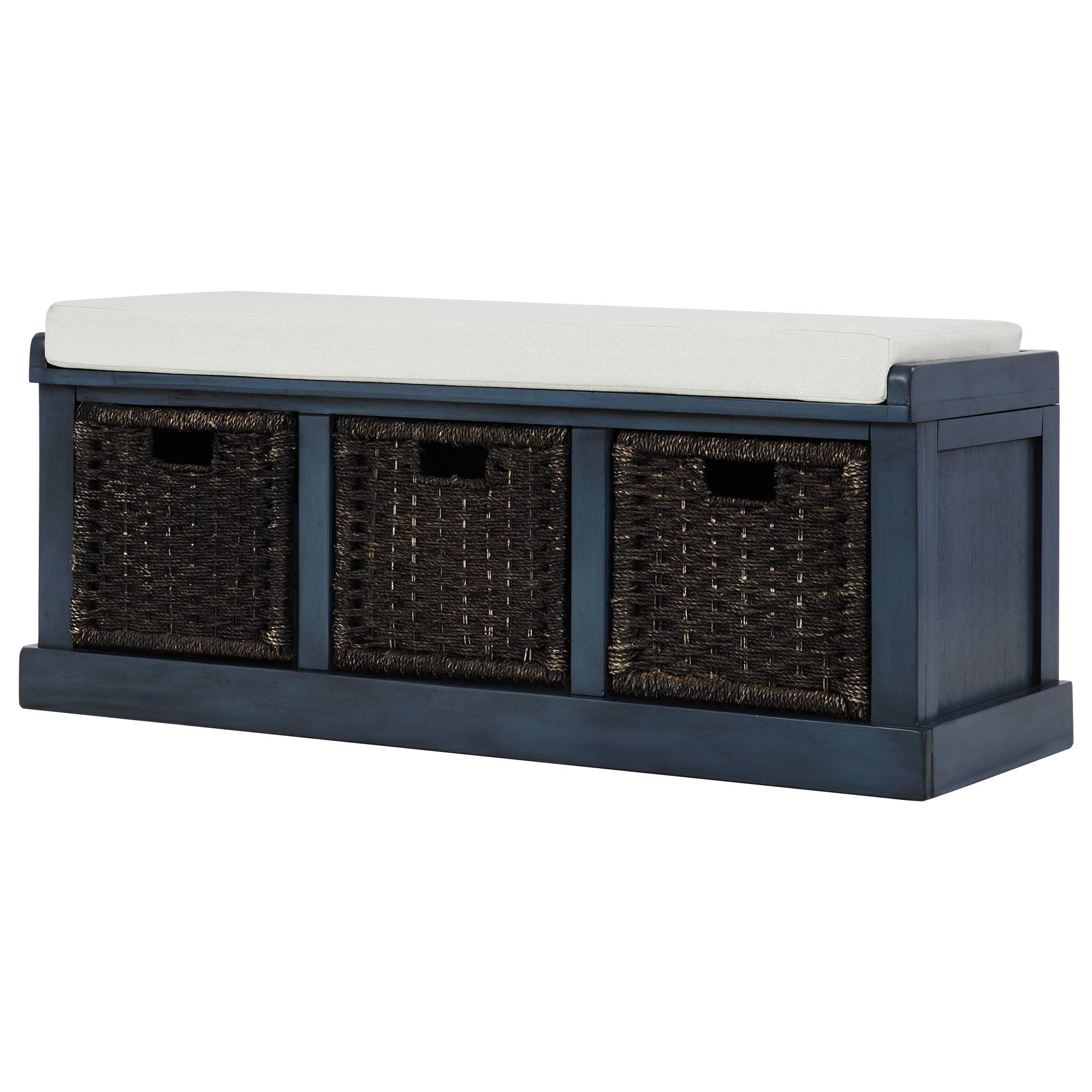 Beyamis Storage Bench Sofa with 3 Removable Fabric Baskets & Cushion - Antique Navy Entryway Seating for Hallway, Living Room & Bedroom Organization