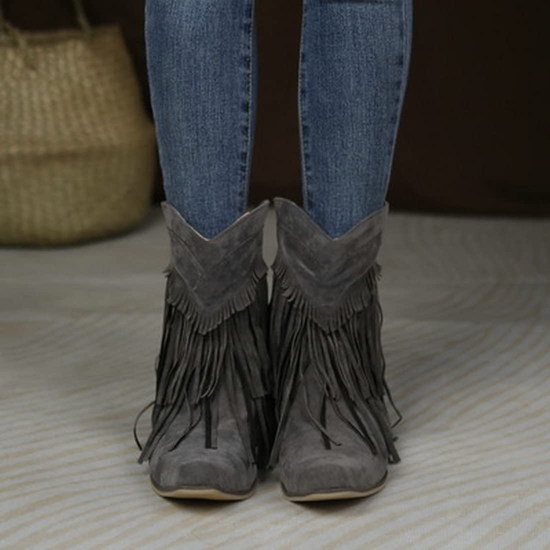 KiutSymo Women's Suede Cowgirl Boots with Fringe & Tassel - Snip Toe Ankle Boots for Western Style, Country Music Festivals & Rodeo Events