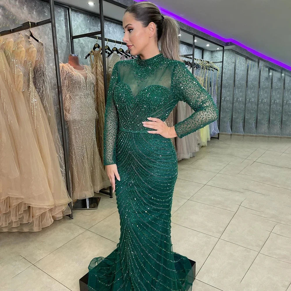 Elegant Muslim Green Mermaid Lace Beaded Arabic Evening Dress for Women - Luxury Wedding & Party Gown 2025 | Perfect for Bridal Showers, Formal Events & Special Occasions