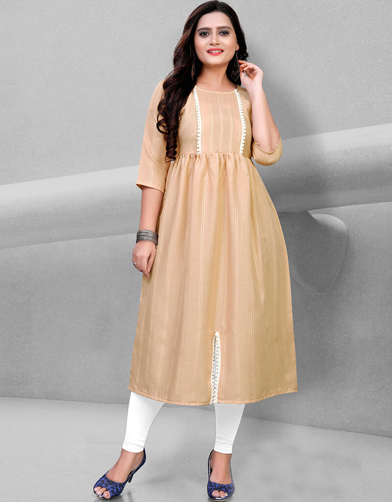 Beige Heavy Cotton Chudidar Kurti for Women - Comfortable Traditional Indian Tunic Top for Casual Wear, Festivals & Parties