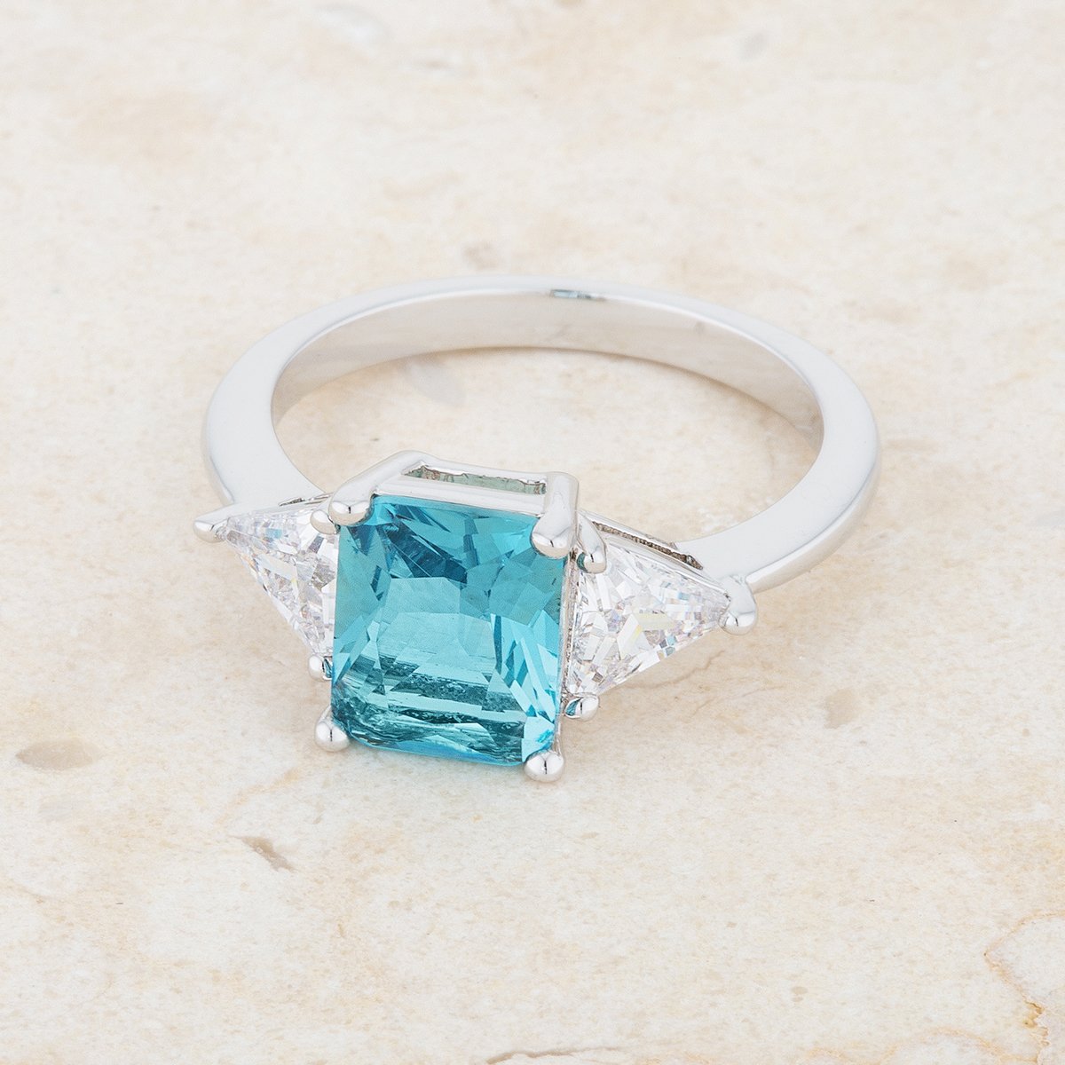 4.5ct Blue Topaz & Cubic Zirconia Rhodium Plated Engagement Ring - Radiant & Trillion Cut for Weddings, Proposals & Anniversary Gifts