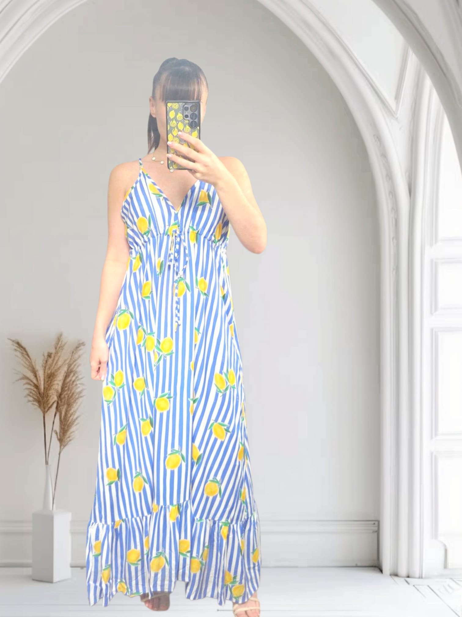 Blue Lemon Print Striped Maxi Dress for Women - Perfect for Summer Beach Vacations, Casual Outings & Boho Fashion