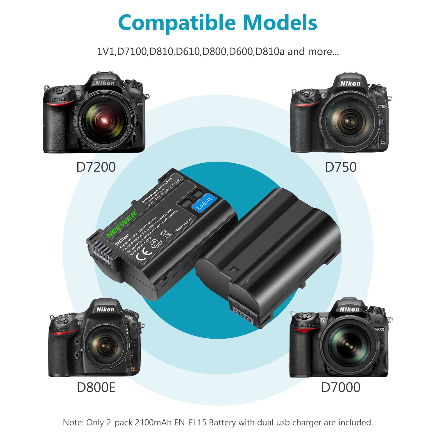 NEEWER 2-Pack EN-EL15 Battery Charger Set for Nikon DSLR Cameras - Fast Charging with LED Indicator for D850 D750 D810 D800 D610 D600 D500 D7200 D7100 D7000 (Perfect for Travel & Professional Photography)