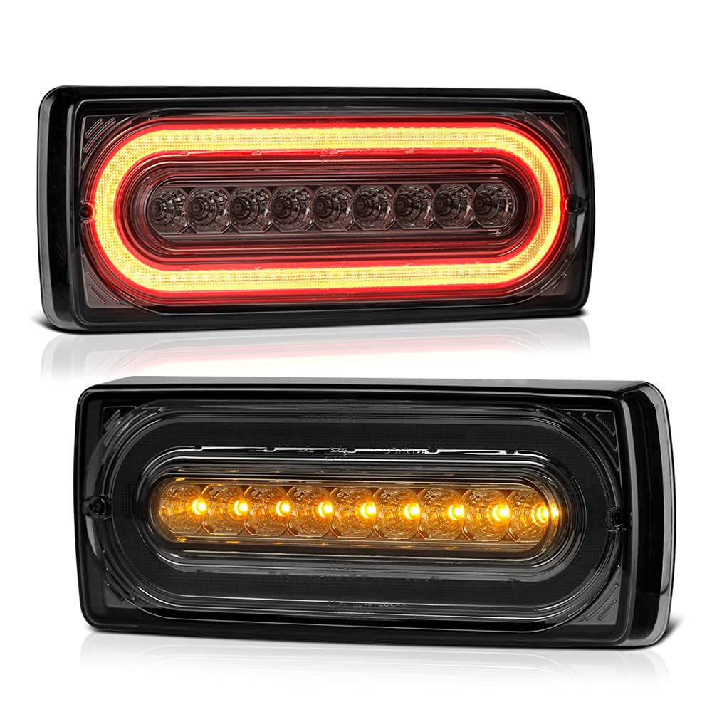 Smoked LED Tail Lights for 1999-2018 Mercedes-Benz G-Class W463 (G500 G550 G55 G63 AMG) - Sequential Turn Signals & OLED Neon Tube Design - Left & Right Side Set - Upgrade Your G Wagon for Enhanced Style and Safety