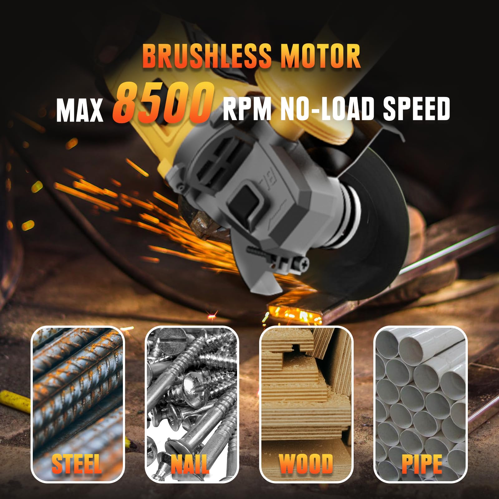 20V Max Cordless Angle Grinder - 4-1/2 Inch 8500 RPM Brushless Motor, Compatible with DeWalt Battery (Battery Not Included), Includes Cutting Wheel & Pin Wrench - Perfect for Metal Cutting, Wood Polishing & Thin Steel Work in Construction, DIY & Home Improvement Projects
