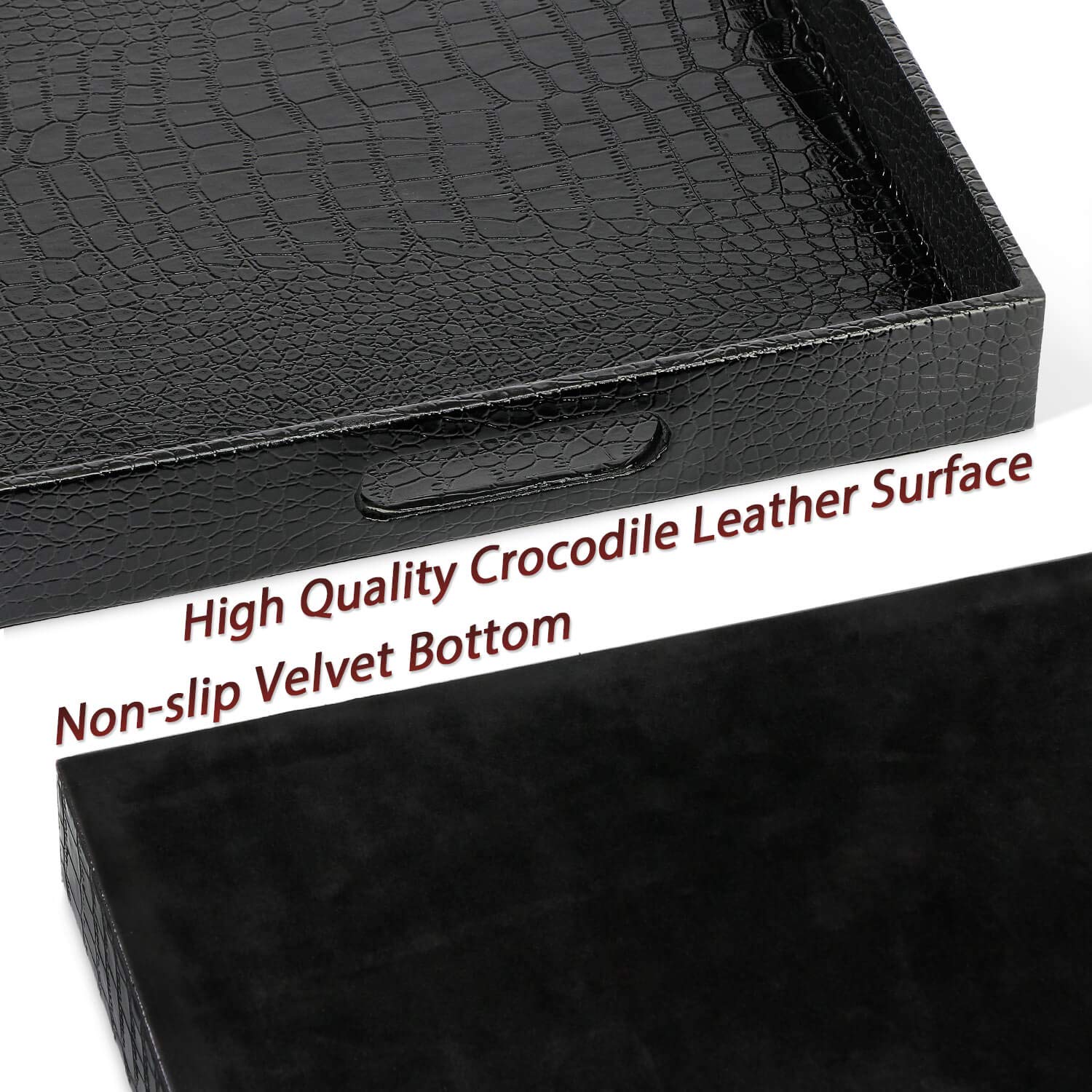 Ranslen Large Rectangular Decorative Serving Tray with Handles - Black Alligator Grain Design - Sturdy Coffee Table Tray for Tea, Food & Bedroom Breakfast - Perfect for Dining, Entertaining & Picnics