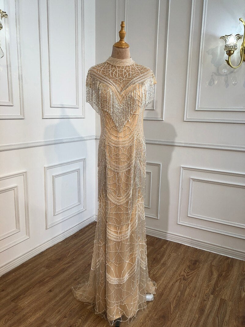 Elegant Grey Mermaid Evening Gown with Cap Sleeves & Beaded Tassel Details - Women's Luxury Party Dress for Prom, Gala & Special Occasions - Serene Hill Collection LA70529