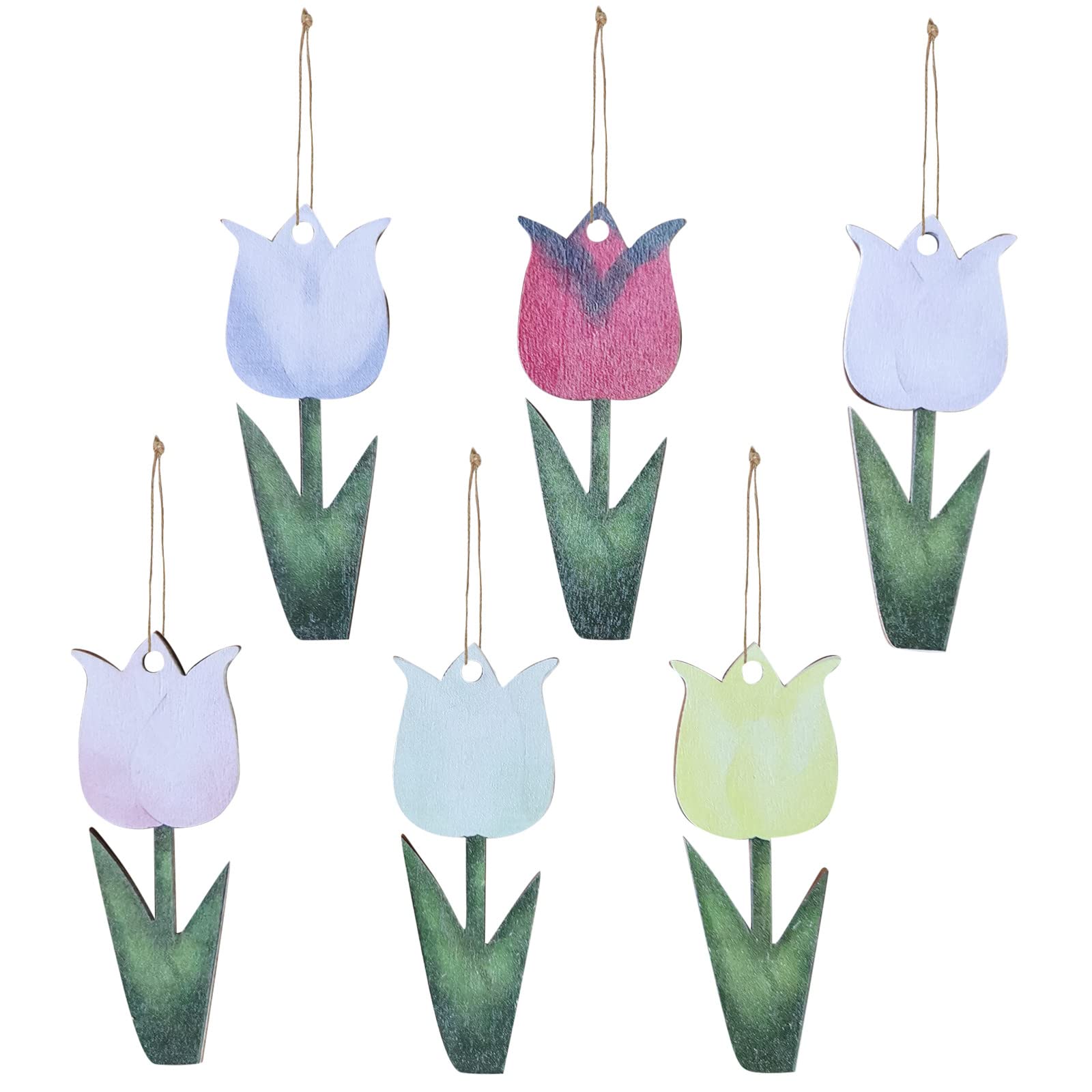Spring Tulips Wooden Painted Decorations - Handcrafted Wood Ornaments for Easter, Home & Garden Decor - Hanging Flowers, Carrot Ornaments for Spring Tree, Wall & Door Decor (ABCDE, One Size)