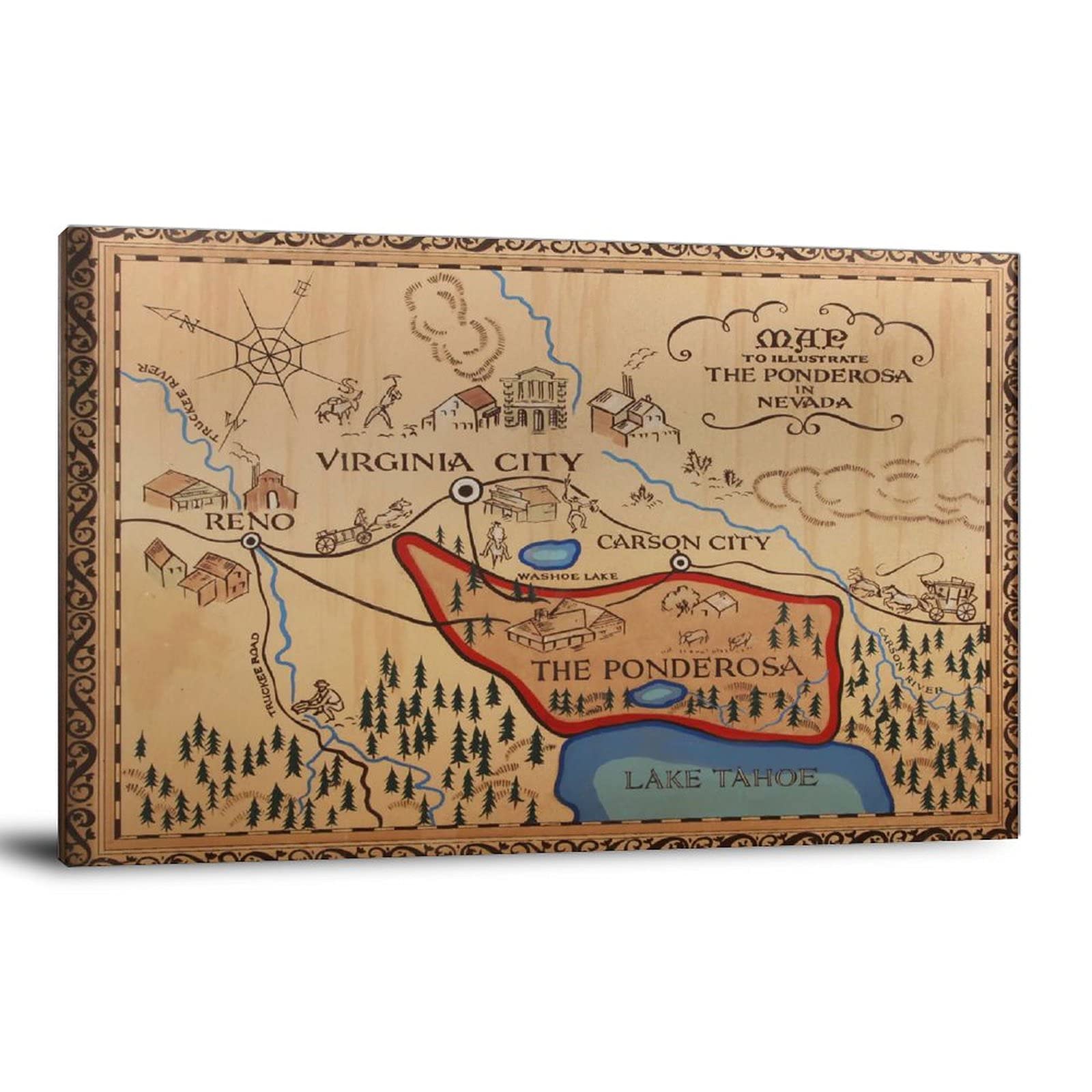Vintage The Ponderosa Lake Tahoe Reno Nevada Map - Classic TV Show Inspired Canvas Wall Art Poster (12x18 inches/30x45cm) for Living Room, Bedroom & Office Decor