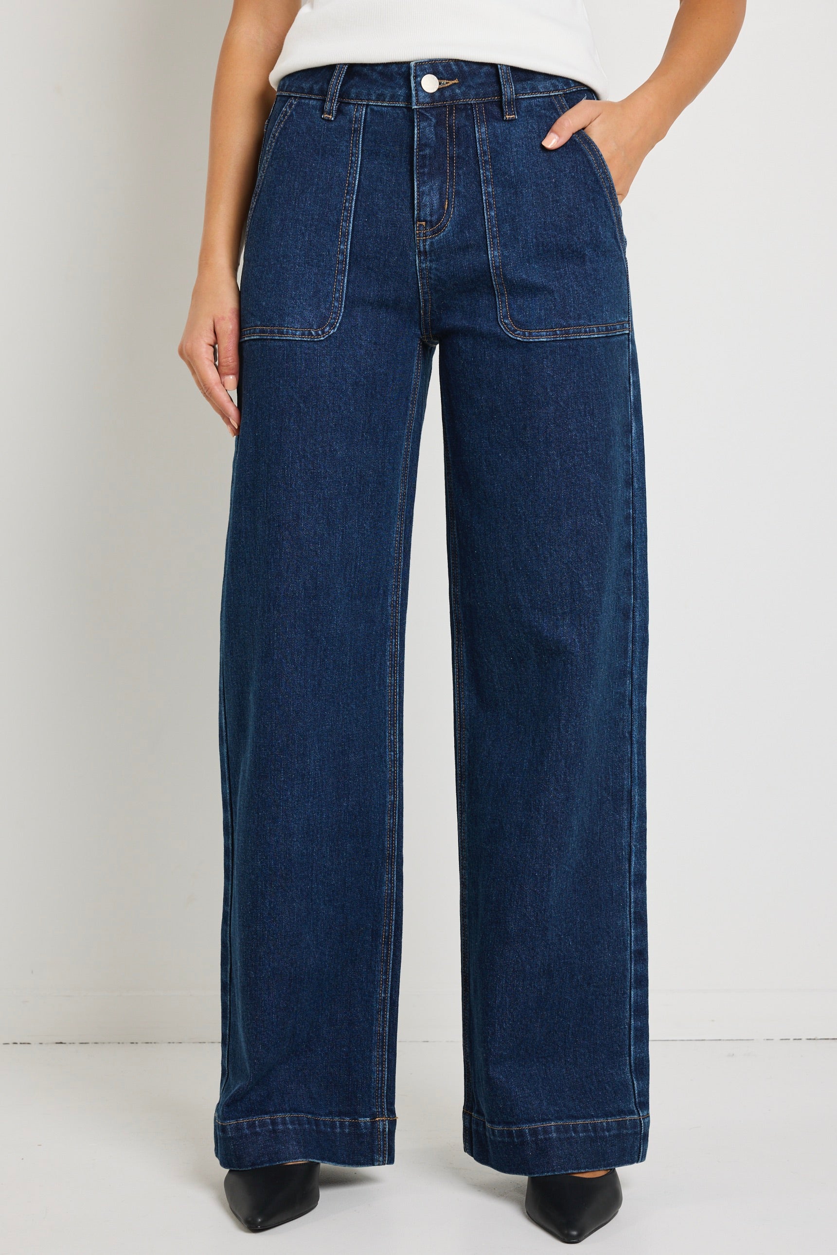 Indigo Mid Rise Wide Leg Jeans for Women with Front Pockets - Comfortable Stretch Denim Pants for Casual Wear & Everyday Outfits