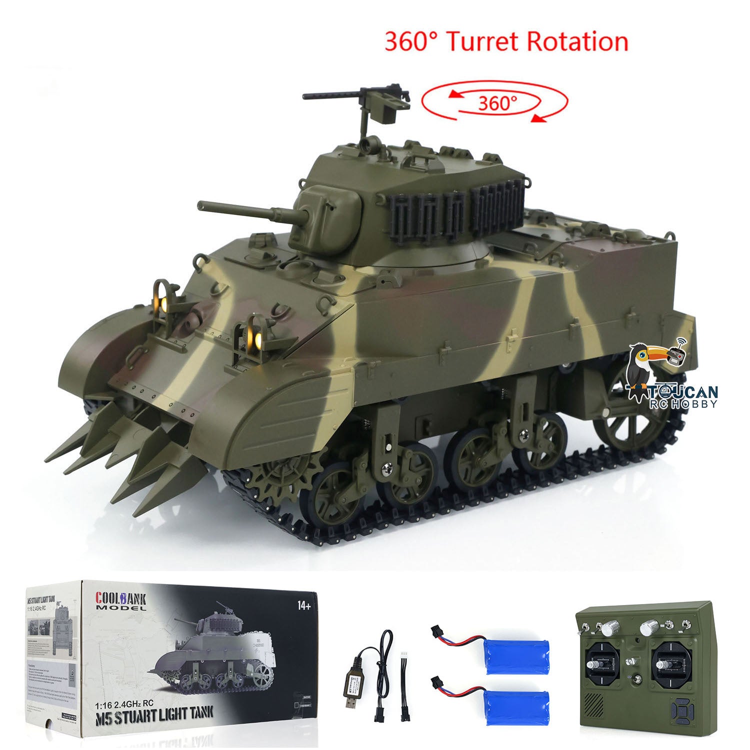 1/16 Scale US M5A1 Stuart VI RC Tank - Remote Control Ready-to-Run Light Tank with 360° Rotation, Smoke Effect, Barrel Recoil, LED Flash & Dual Battery System - Perfect for Military Enthusiasts & Battle Simulation Scenes