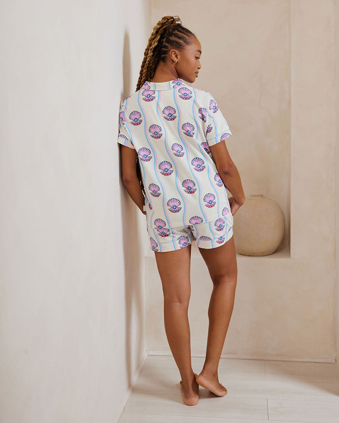Organic Cotton Pearl Shell Print Short Pajama Set for Women - Soft & Breathable Sleepwear for Summer Nights, Lounge Wear, and Relaxing at Home