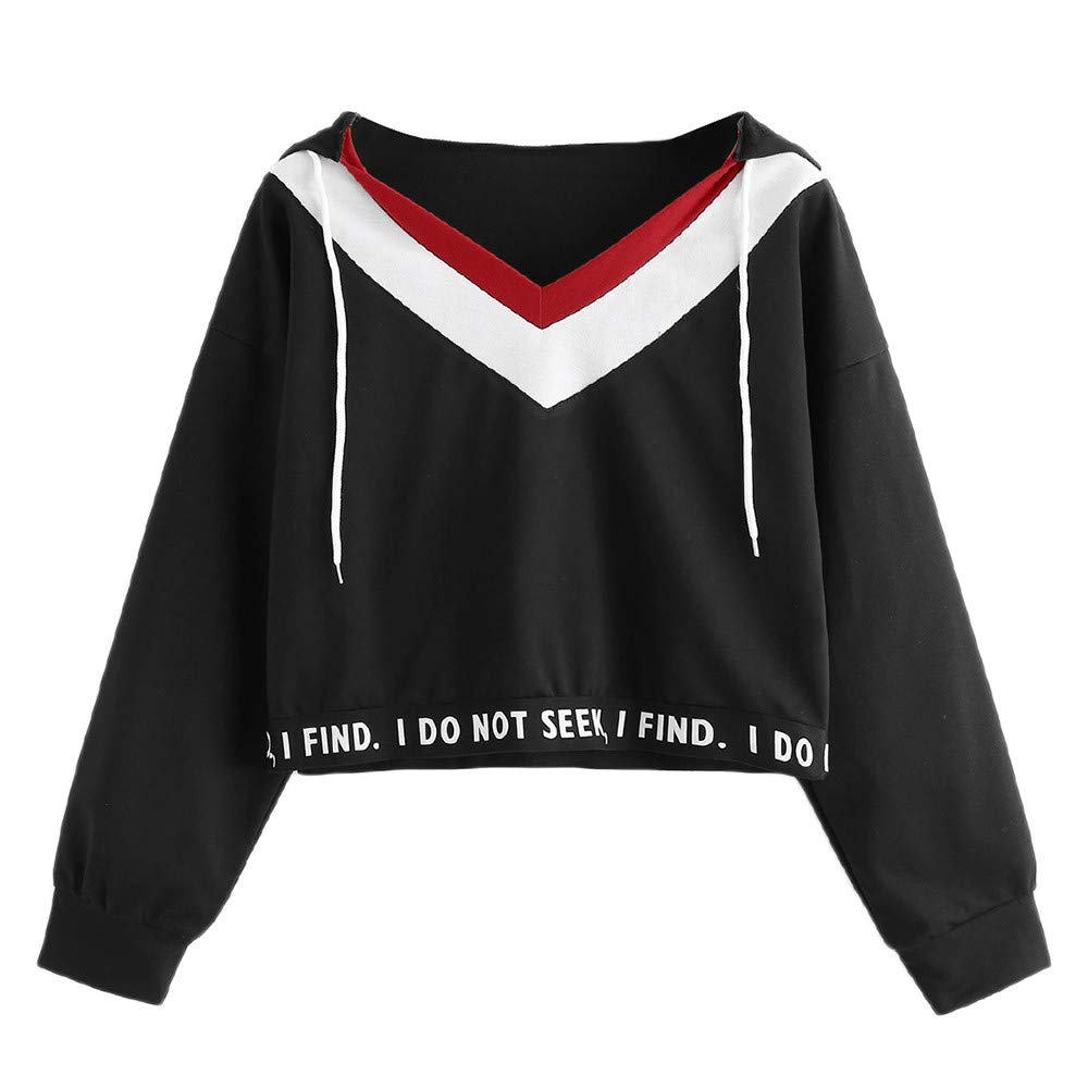 Women's Long Sleeve Patchwork Letter Print Hooded Sweatshirt - Stylish Crop Top Blouse for Casual Outings & Cozy Evenings