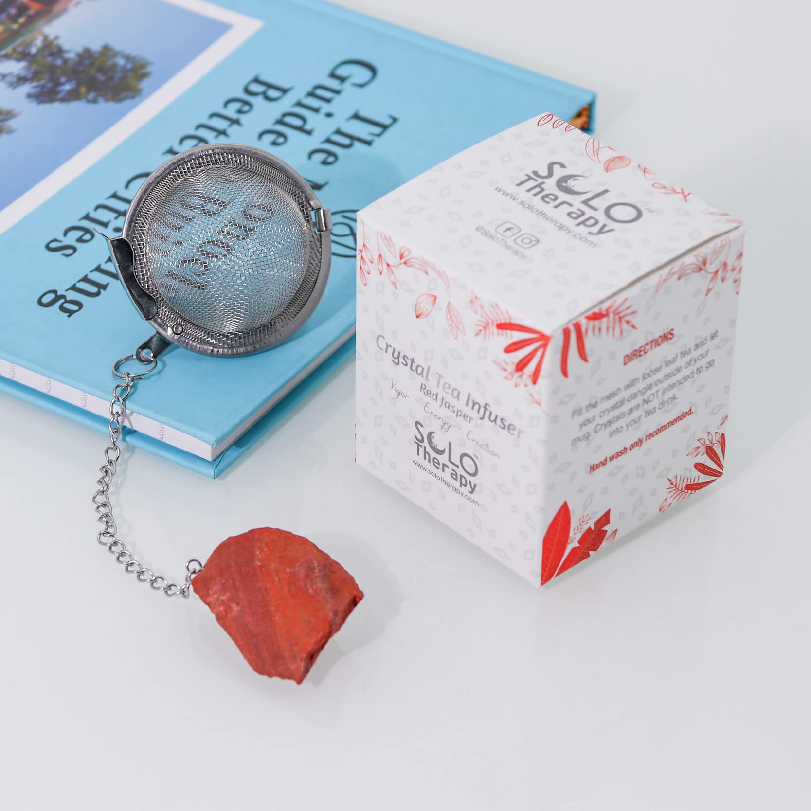 Premium Red Jasper Crystal Tea Infuser - Stainless Steel Mesh Tea Strainer with Extended Chain Hook for Loose Leaf Tea - Perfect for Home, Office & Gift Giving (Red Jasper)