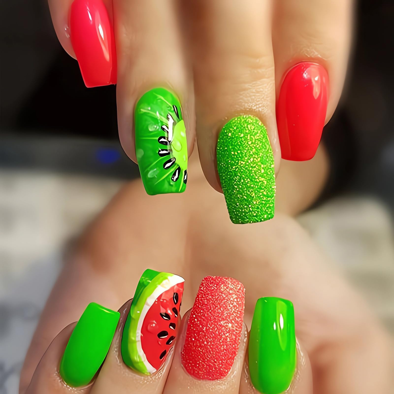 24PCS Summer Press on Nails - Square Shape Medium Length Fake Nails with Watermelon Designs | Cute Acrylic Glue on Nails for Women | Reusable Stick on Nails for DIY Manicure | Perfect for Pool Parties, Beach Vacations & Summer Nail Art