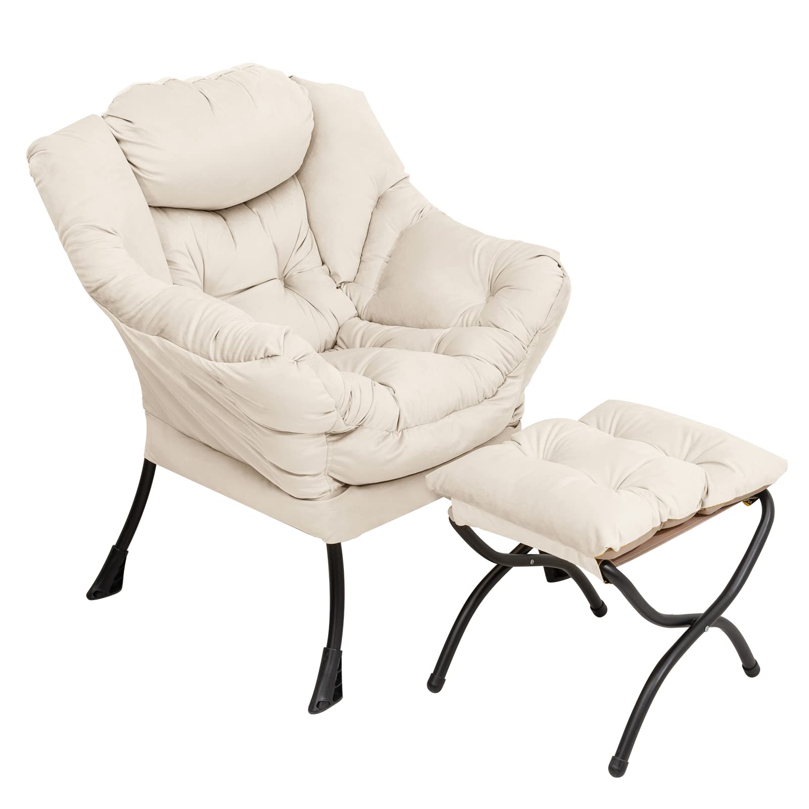 Modern Lazy Chair with Ottoman - Folding Footrest Lounge Accent Chair, Comfortable Oversized Armchair for Reading, Bedroom, Living Room & Study - Perfect for Relaxing, Napping & Home Decor (Beige)