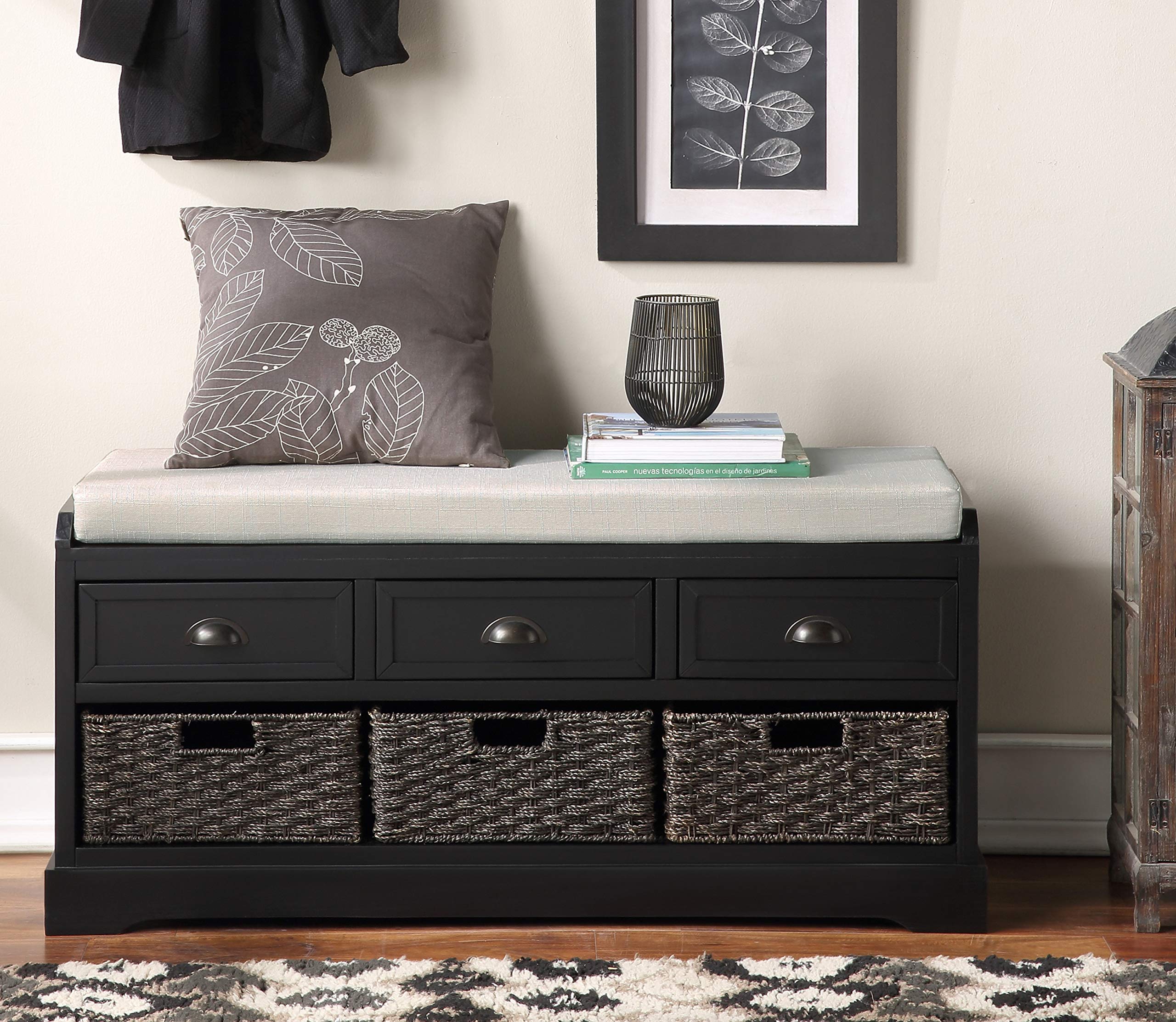 Wooden Storage Bench with 3 Drawers & Wicker Baskets, Entryway Shoe Bench with Removable Cushion - Perfect for Hallway, Living Room & Bedroom Organization