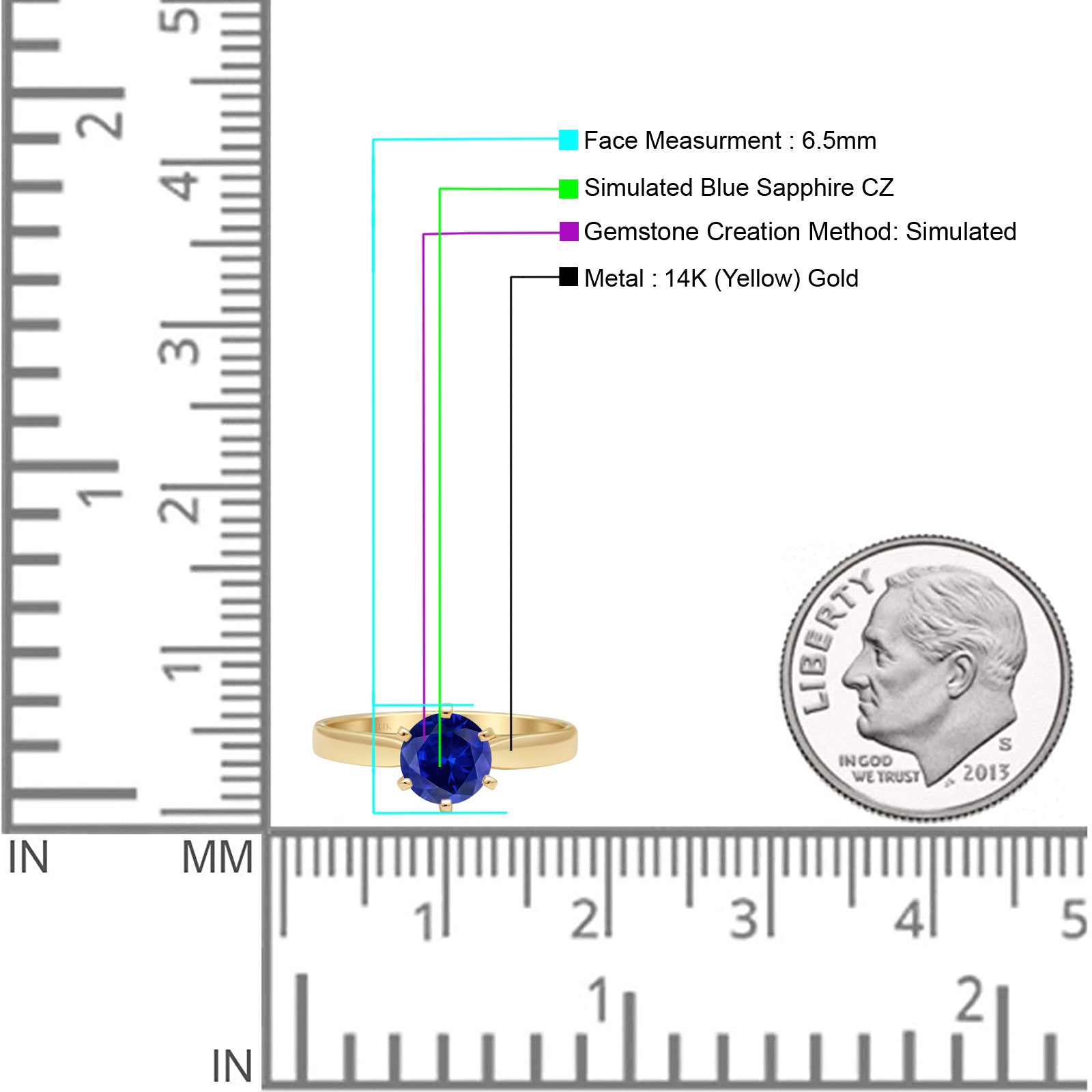 14K Yellow Gold Round Solitaire Blue Sapphire & Cubic Zirconia Art Deco Engagement Ring for Women - Perfect for Weddings, Anniversaries & Special Occasions