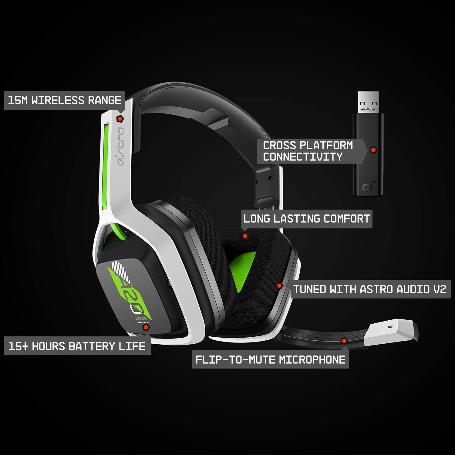 ASTRO Gaming A20 Wireless Headset Gen 2 for Xbox Series X|S, Xbox One, PC & Mac - White/Green - Premium Gaming Headset with Noise Isolation for Immersive Gameplay & Online Chat