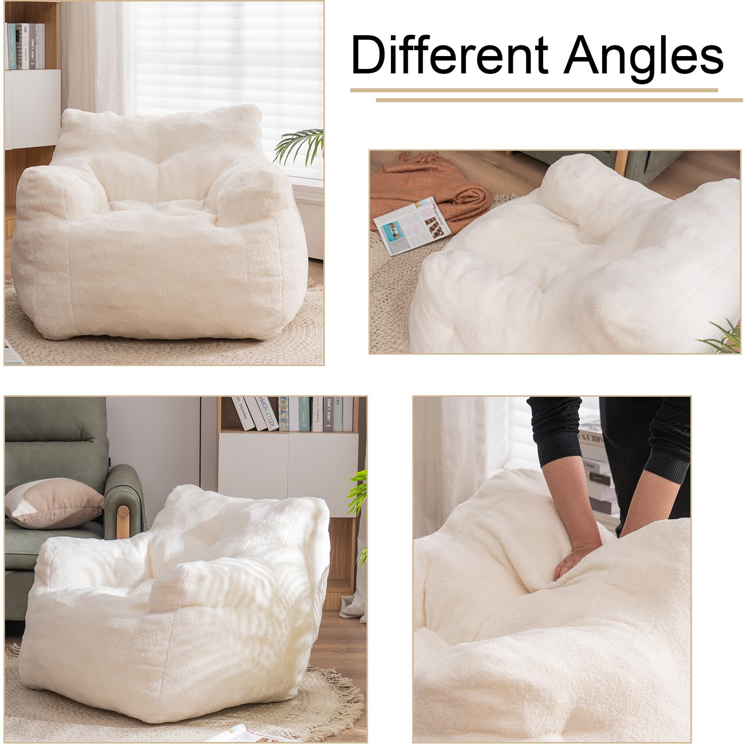 Soft Tufted Bean Bag Chair for Adults & Kids - Medium Teddy Fabric Bean Bag with Arms in Ivory White - Perfect for Living Room, Bedroom, Dorm & Game Room Relaxation