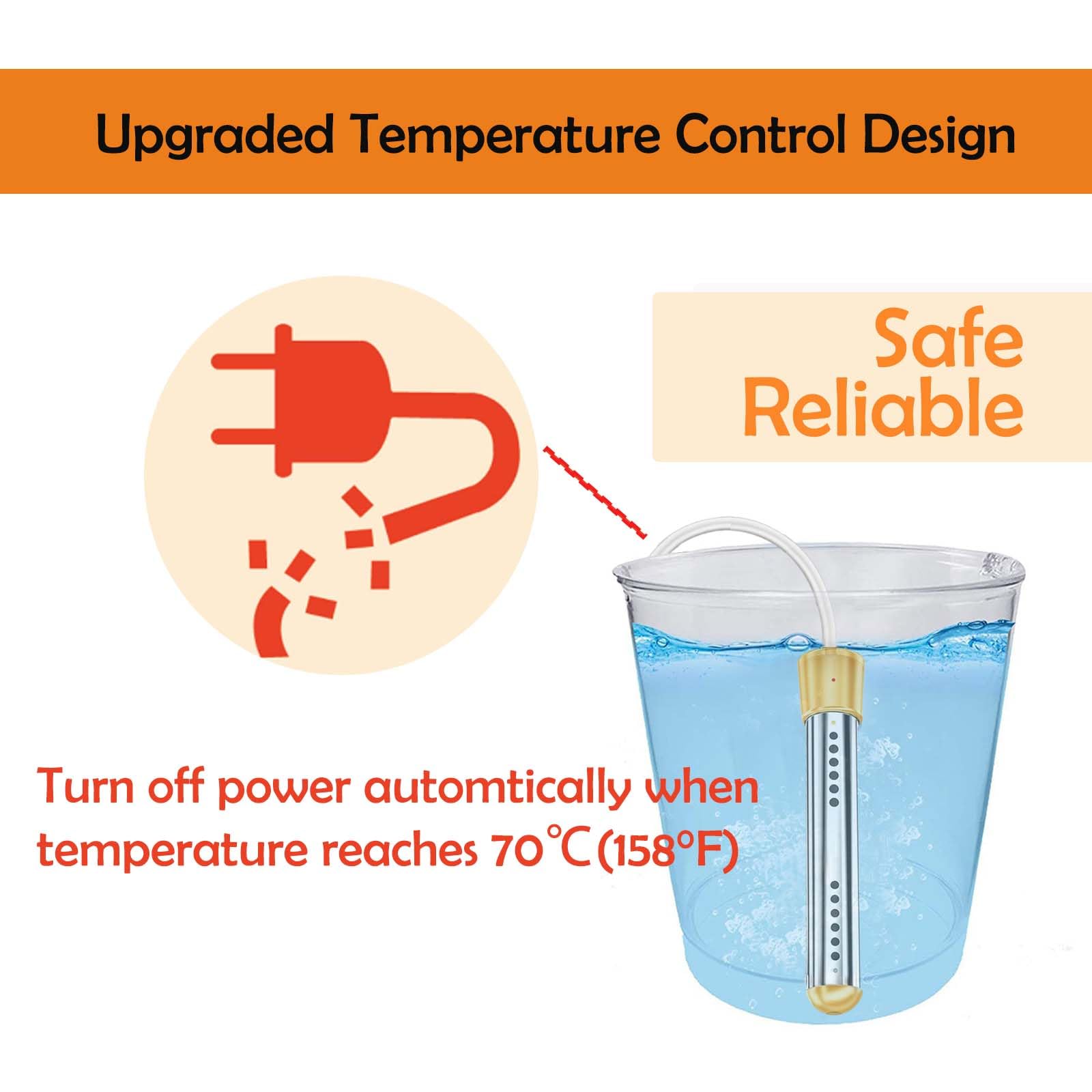 2000W Portable Immersion Water Heater - Fast Electric Bucket Heater for 5 Gallons with Auto Temperature Control & Safety Cut-Off - Perfect for Camping, Travel, and Emergency Hot Water Needs