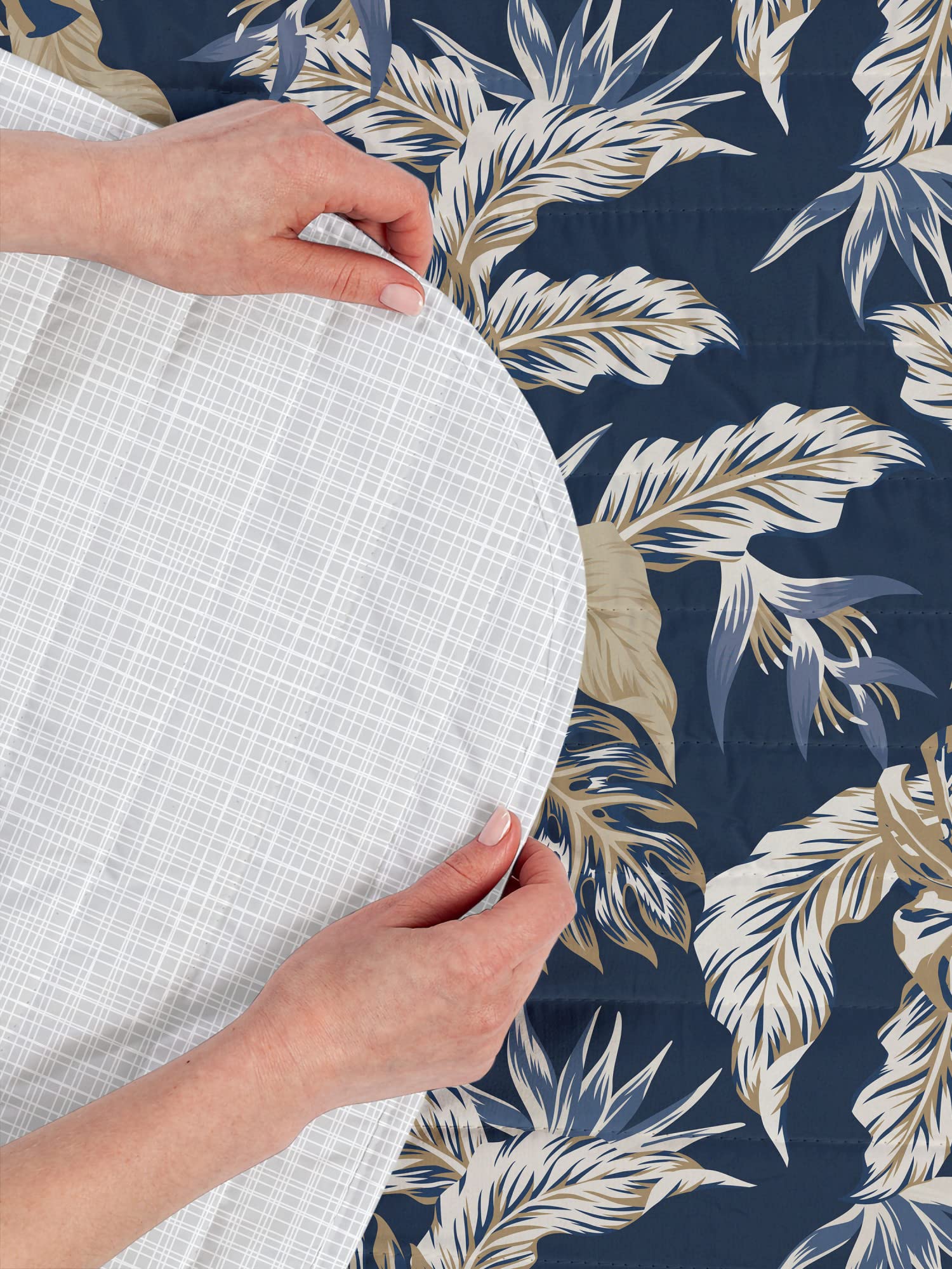 Ambesonne Tropical Reversible Bedspread Set - Exotic Rainforest Leaves Pattern, Microfiber Comforter & Pillow Shams, Twin Size, Dark Night Blue - Perfect for Jungle Theme Bedroom Decor & Boho Chic Home Styling