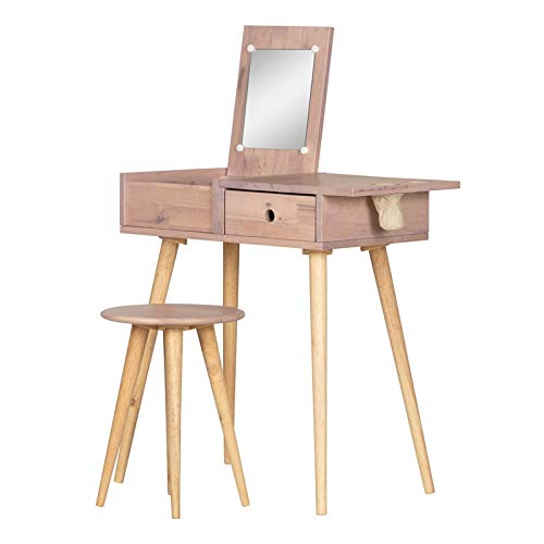 Princess Vanity Table for Kids with Solid Wood Stool - Pink 2-in-1 Makeup Dressing Table Set with Drawer, Hideable Mirror & Hair Dryer Holder | Perfect for Bedroom Decor, Birthday Gifts & Pretend Play