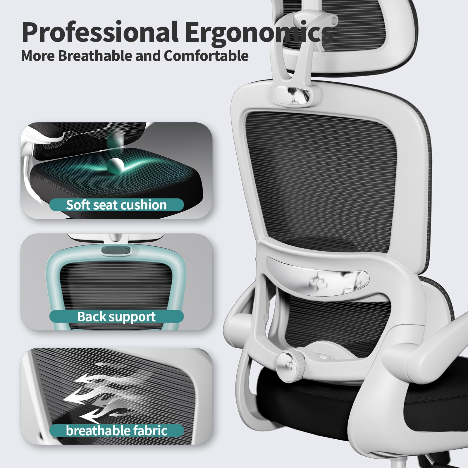 Ergonomic Office Chair with Wheels - 330 LBS Capacity Mesh Desk Chair for Home & Gaming - High Back Support for Long Hours - Black & White - Perfect for Home Office, Gaming Setup & Workspaces