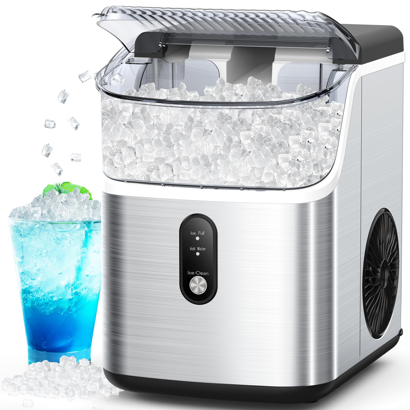 Portable Nugget Ice Maker Machine - 33lbs/Day, Self-Cleaning Countertop Ice Maker with Handle, Stainless Steel - Perfect for Home, Office, and Outdoor Use