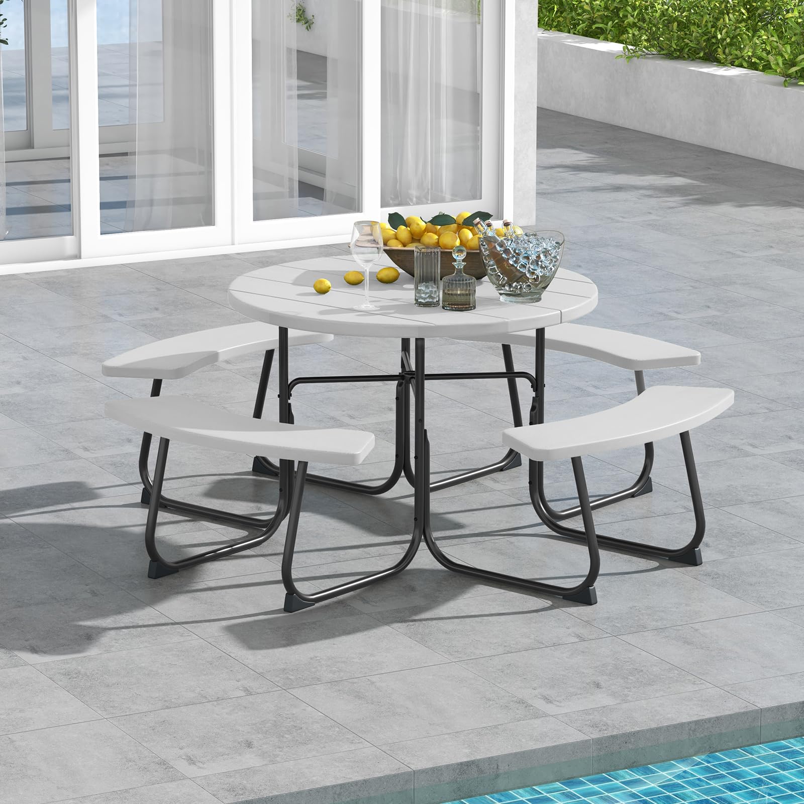 Giantex 8-Person Round Outdoor Picnic Table Set with Umbrella Hole - HDPE Top & Sturdy Metal Frame, 2000LBS Capacity - Perfect for Backyard, Deck, Garden, Patio, and Outdoor Dining (White)