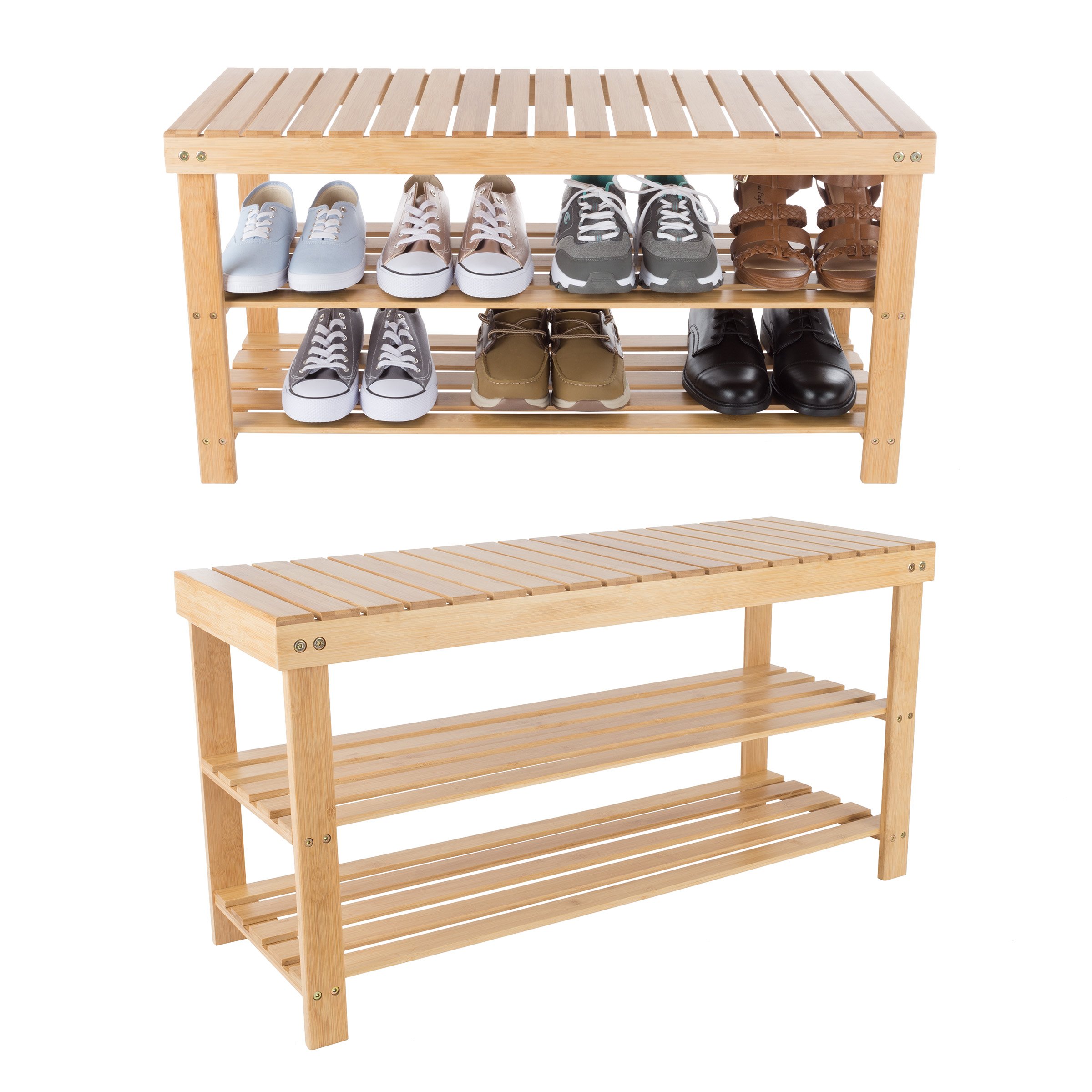 Eco-Friendly Bamboo Shoe Rack Bench with 2 Shelves - Natural Wood Entryway Storage Organizer for Shoes - Perfect for Bedroom, Hallway, Closet & Small Space Organization