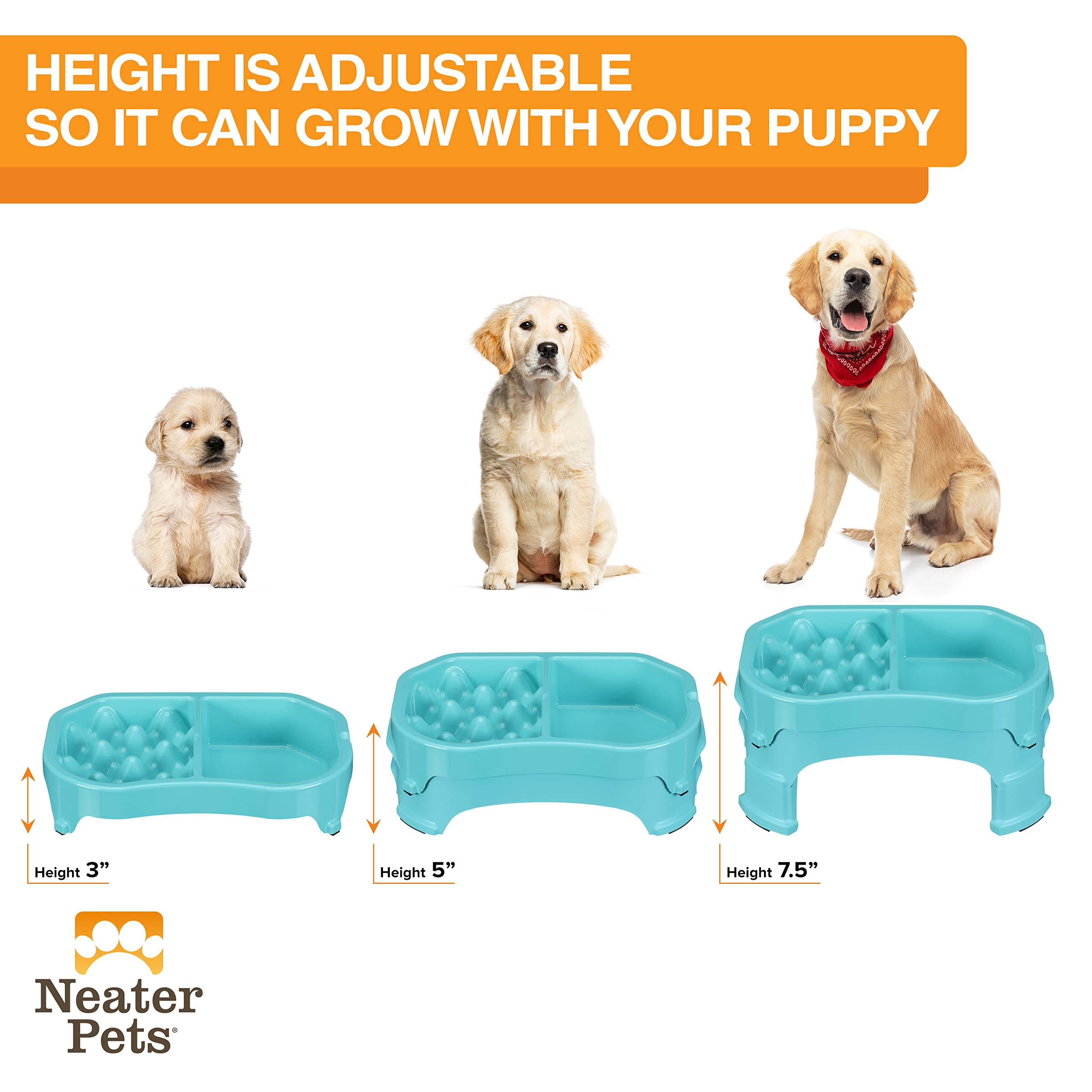 Neater Pet Brands – Adjustable Elevated Slow Feeder Dog Bowl for Small & Large Breeds – Anti-Gulping Raised Dog Food Dish with Non-Slip Base (Double Diner, Aquamarine) – Perfect for Mealtime Portion Control & Digestive Health